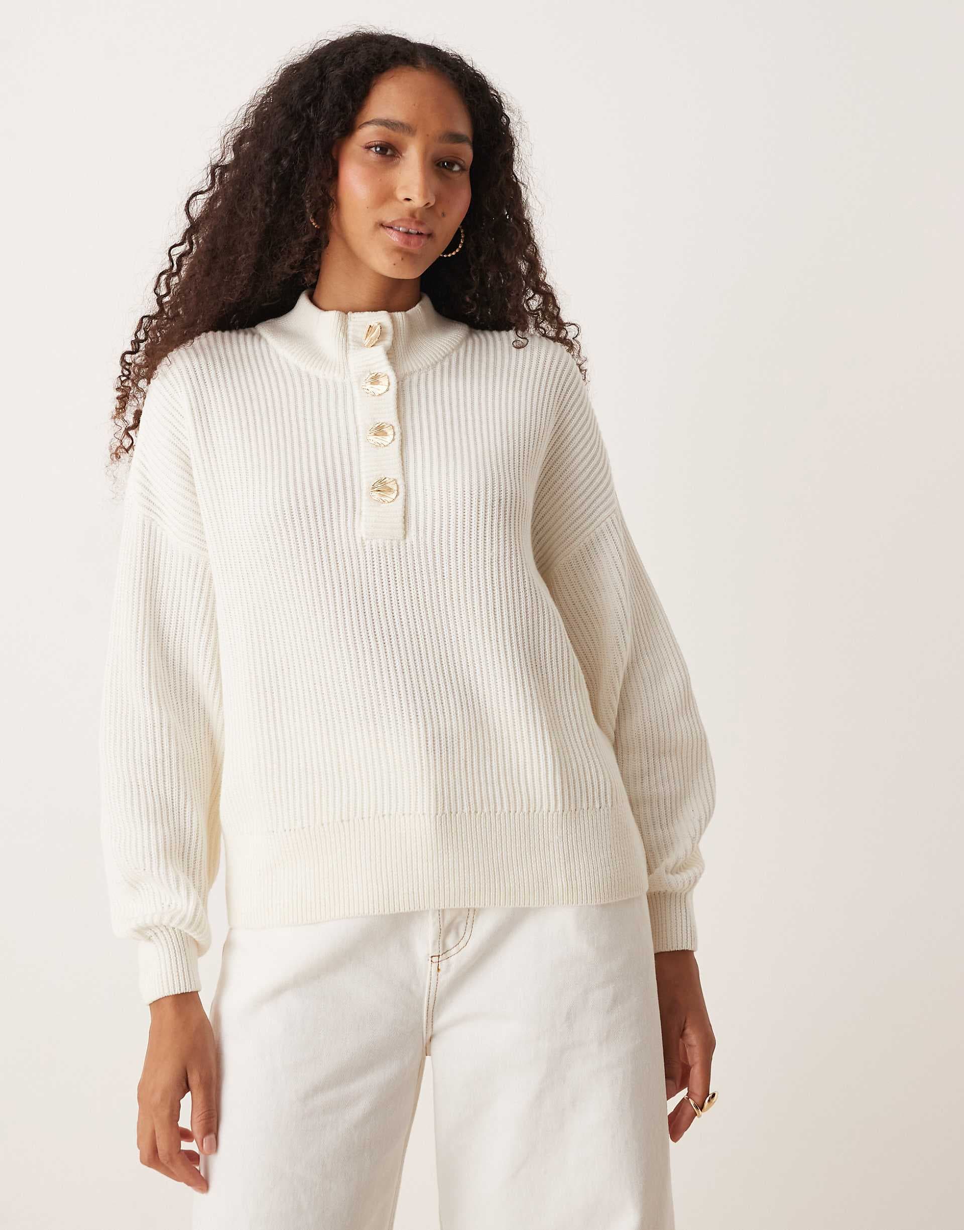 VILA premium ribbed knit sweater with hammered gold buttons in cream
