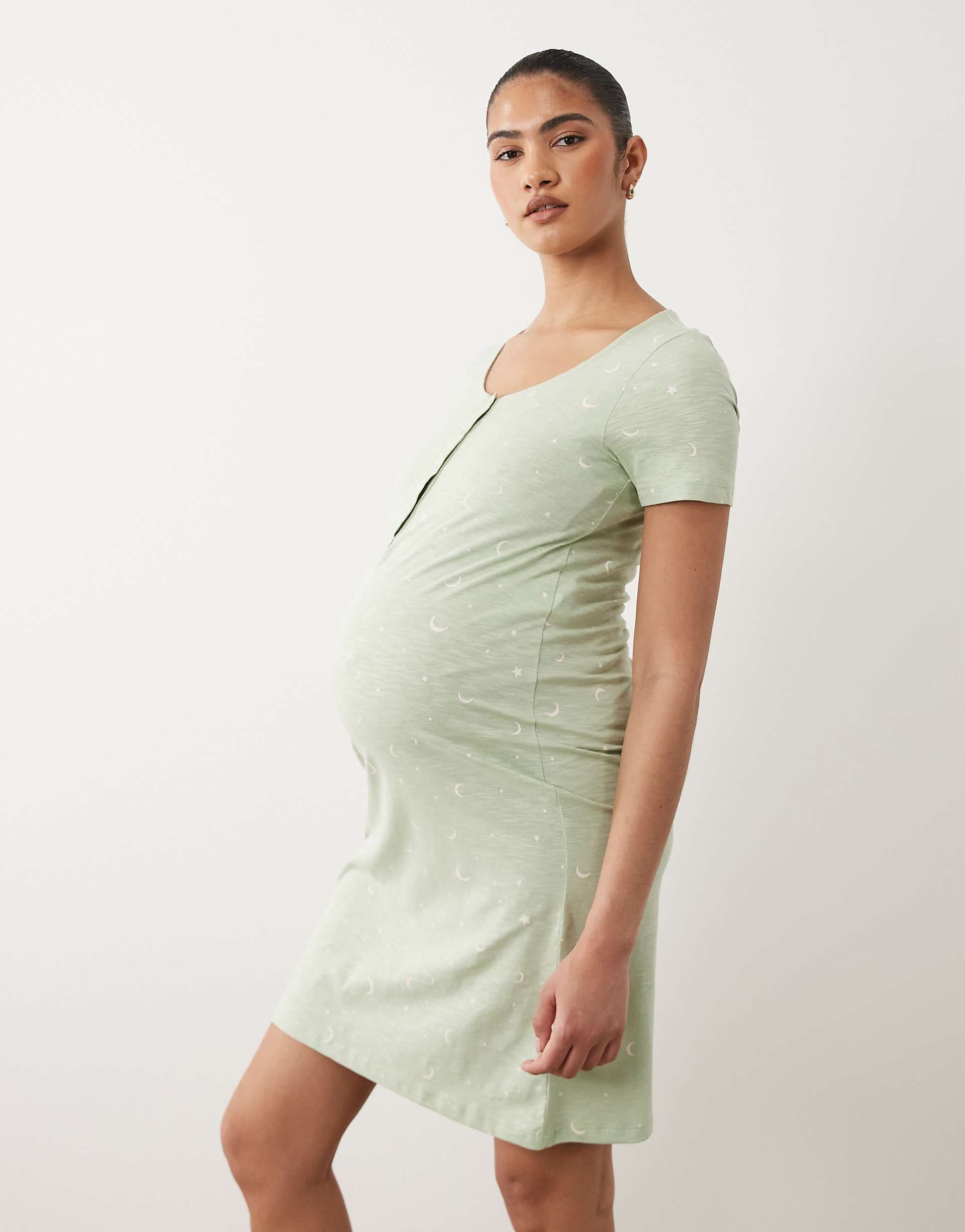 Mamalicious Maternity star print nightdress with nursing function in pale green