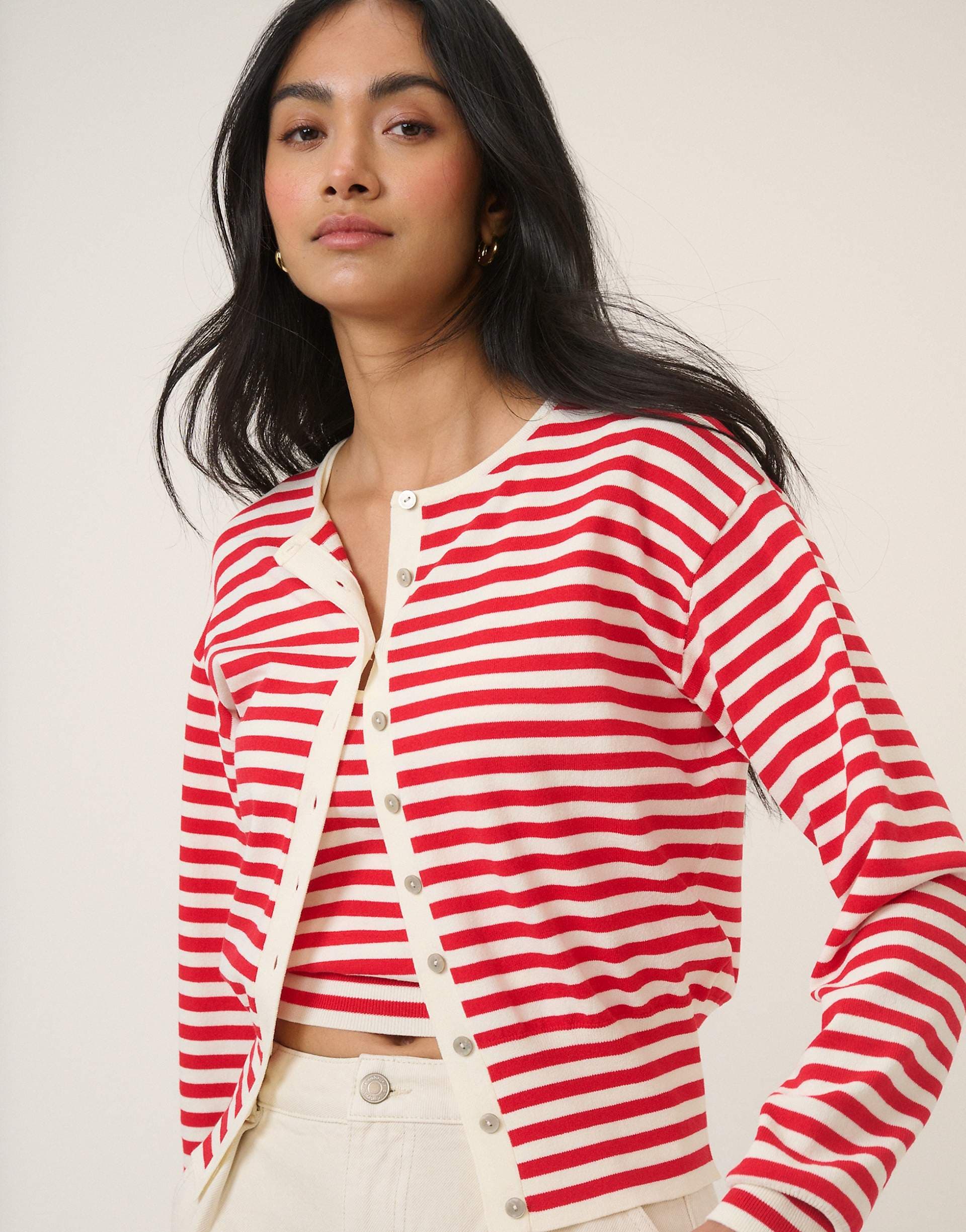 Nobody's Child crew neck contrast trim cardigan in red and cream stripes