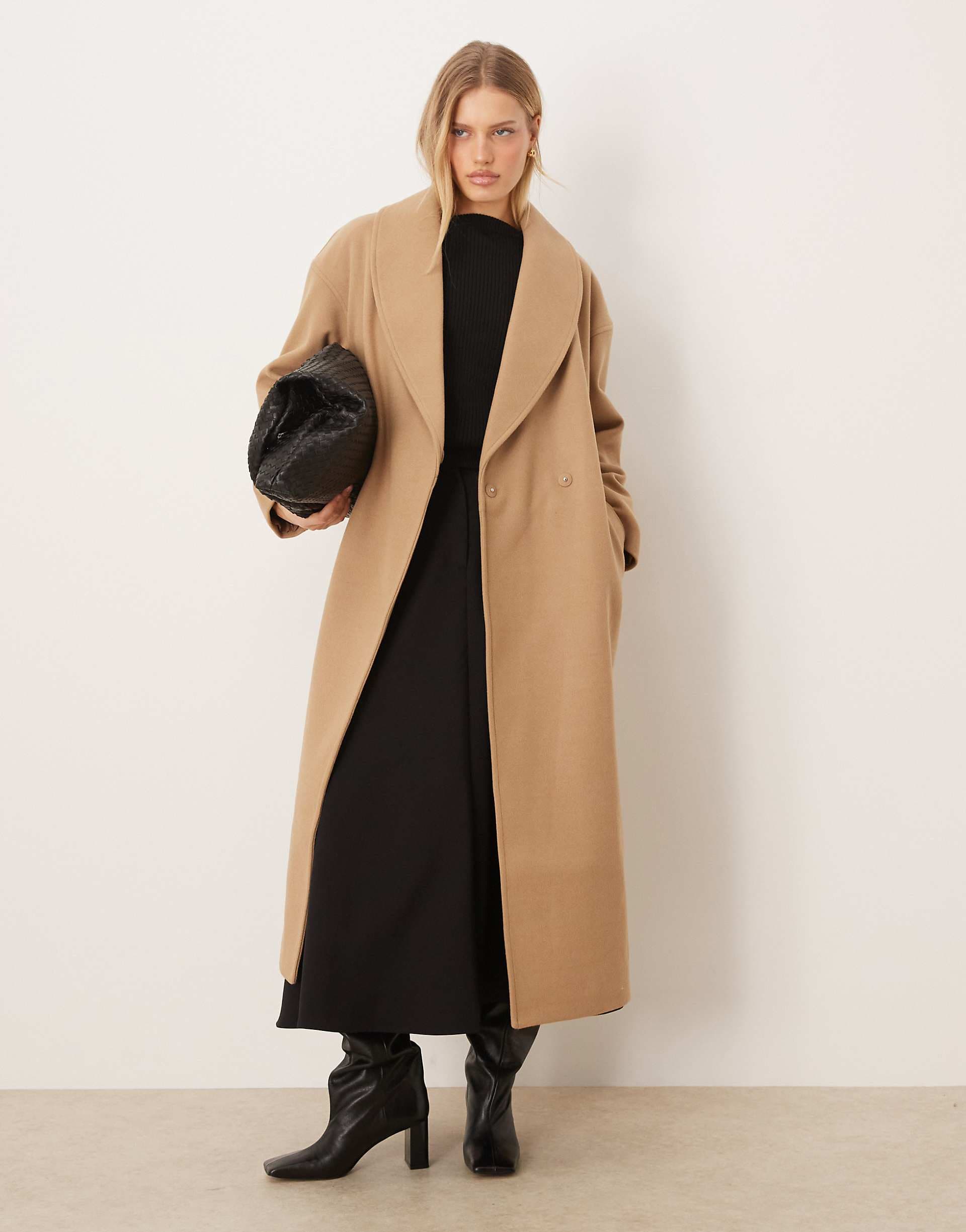 Gina Tricot shawl collar long midi coat in black