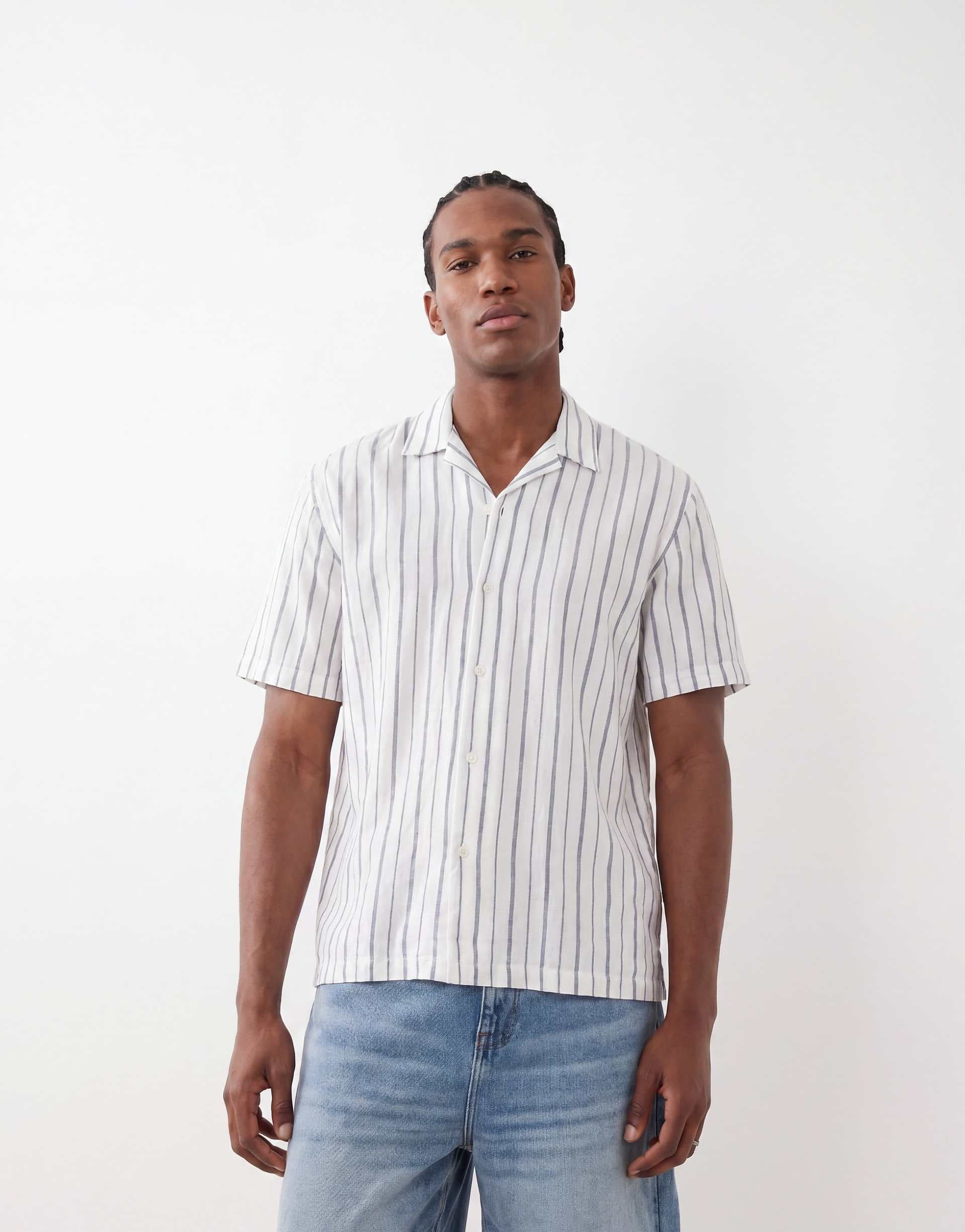 Selected linen blend short sleeve shirt in green stripes