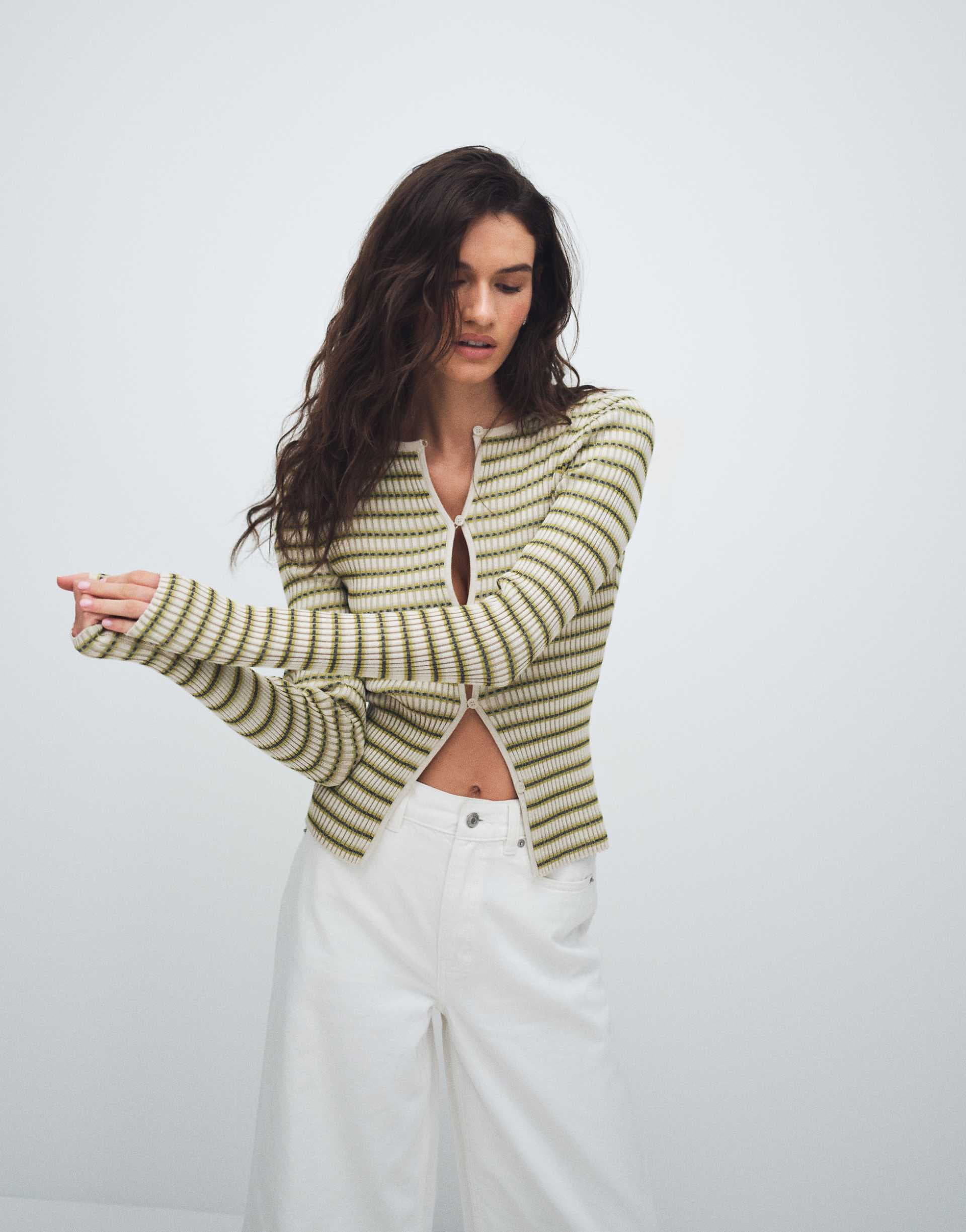 & Other Stories rib knit striped button up cardigan in green
