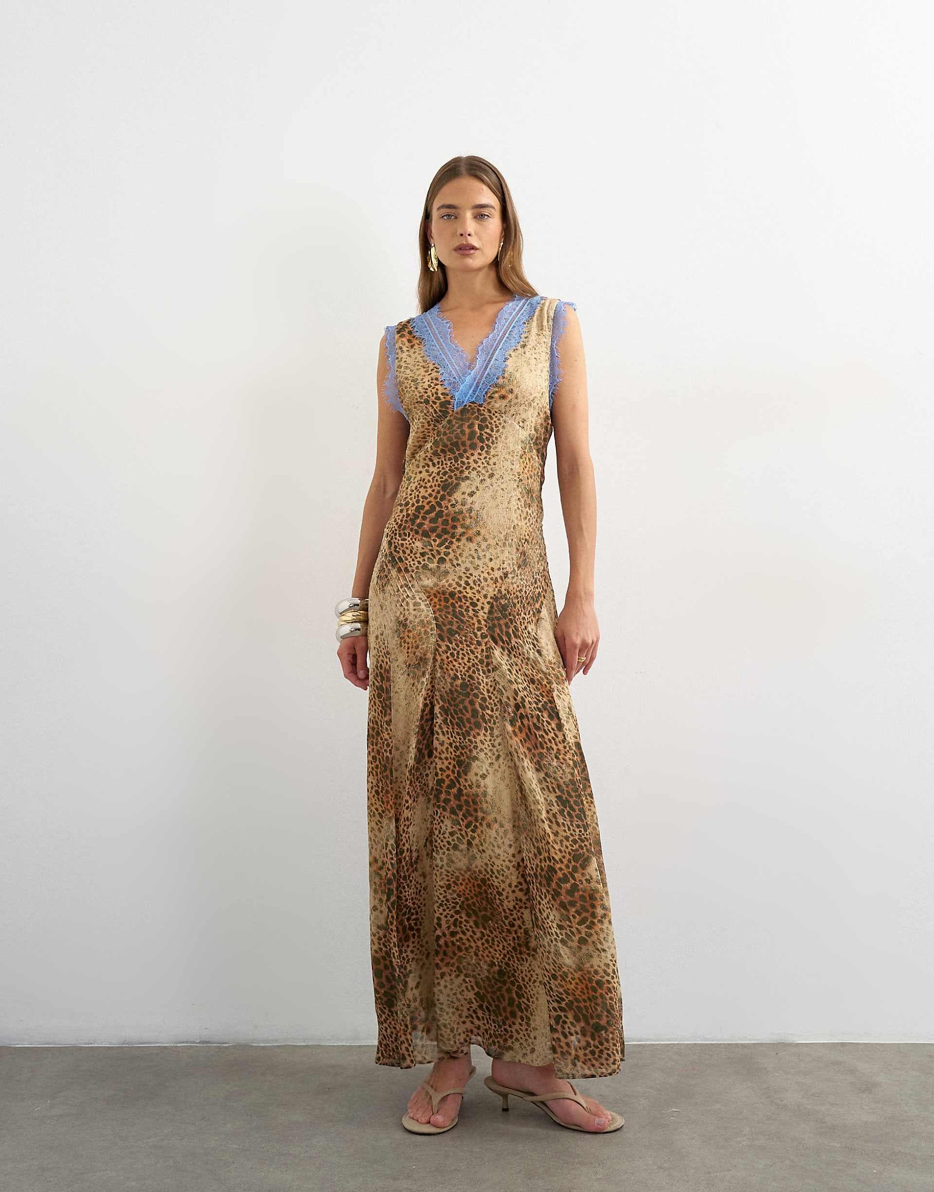 Topshop premium viscose lace insert pintucked maxi tea dress in animal print with contrast blue lace