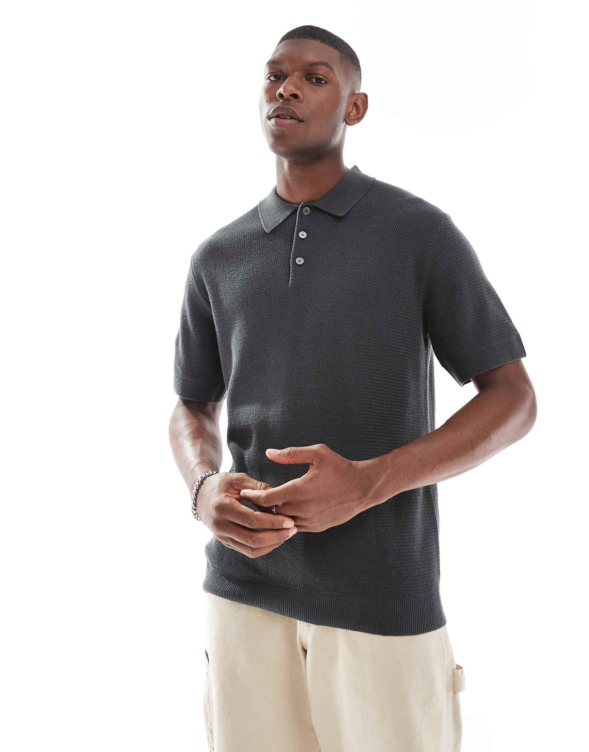 Jack & Jones short sleeve knit polo in dark gray