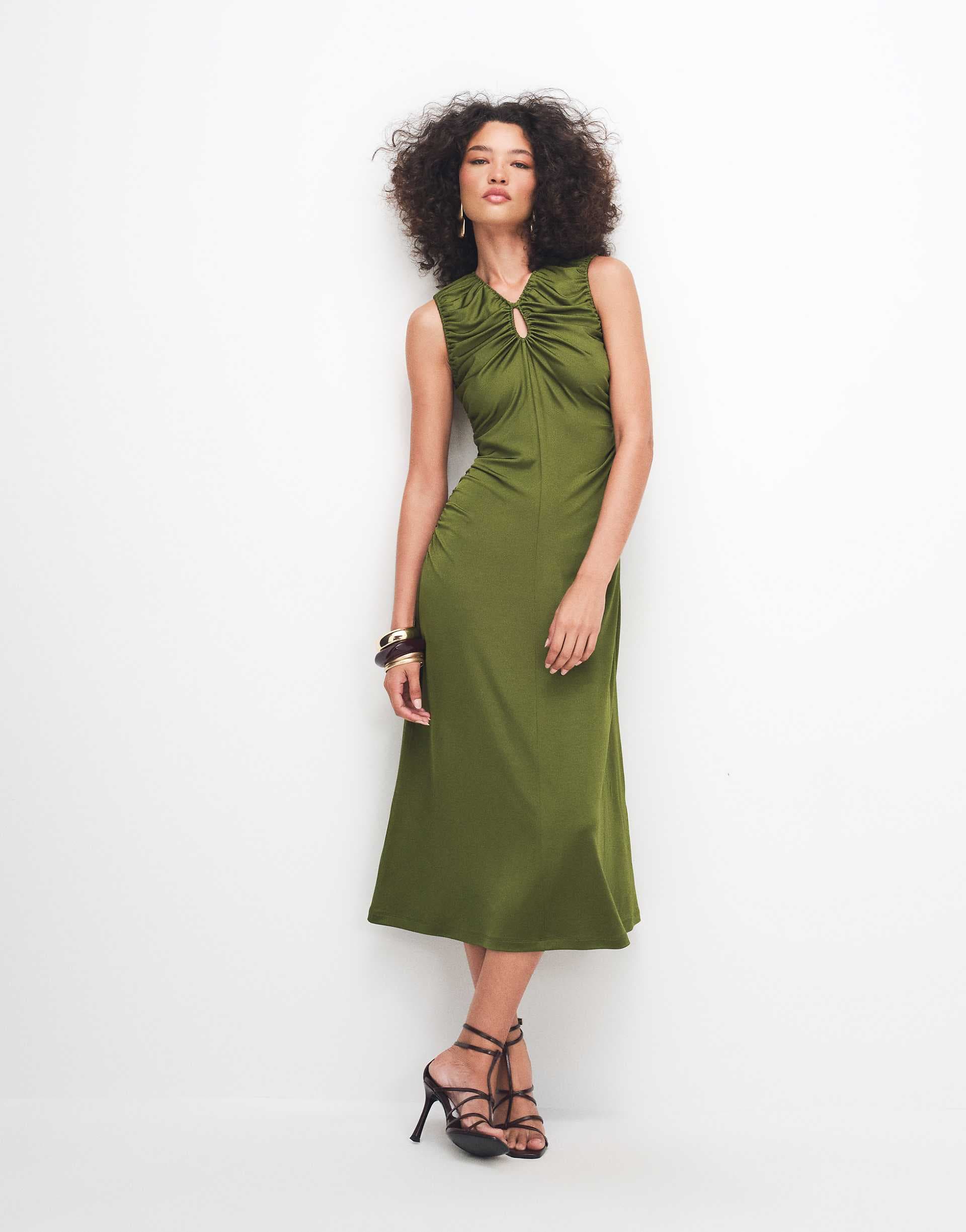 & Other Stories ruched sleeveless midi dress with keyhole in green