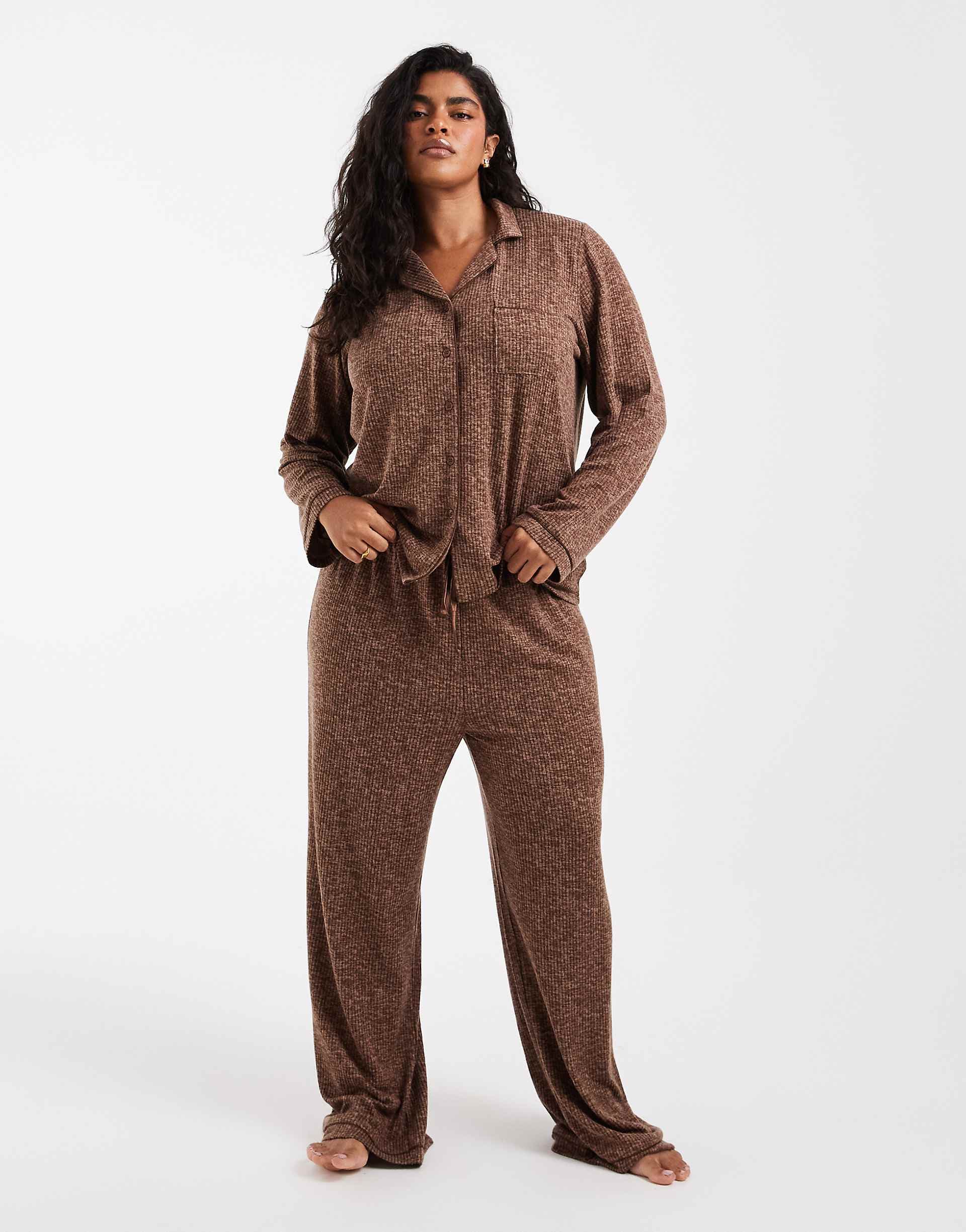 Loungeable Curve super soft brushed rib camp collar top and wide leg pants pajama set with piping detail in brown