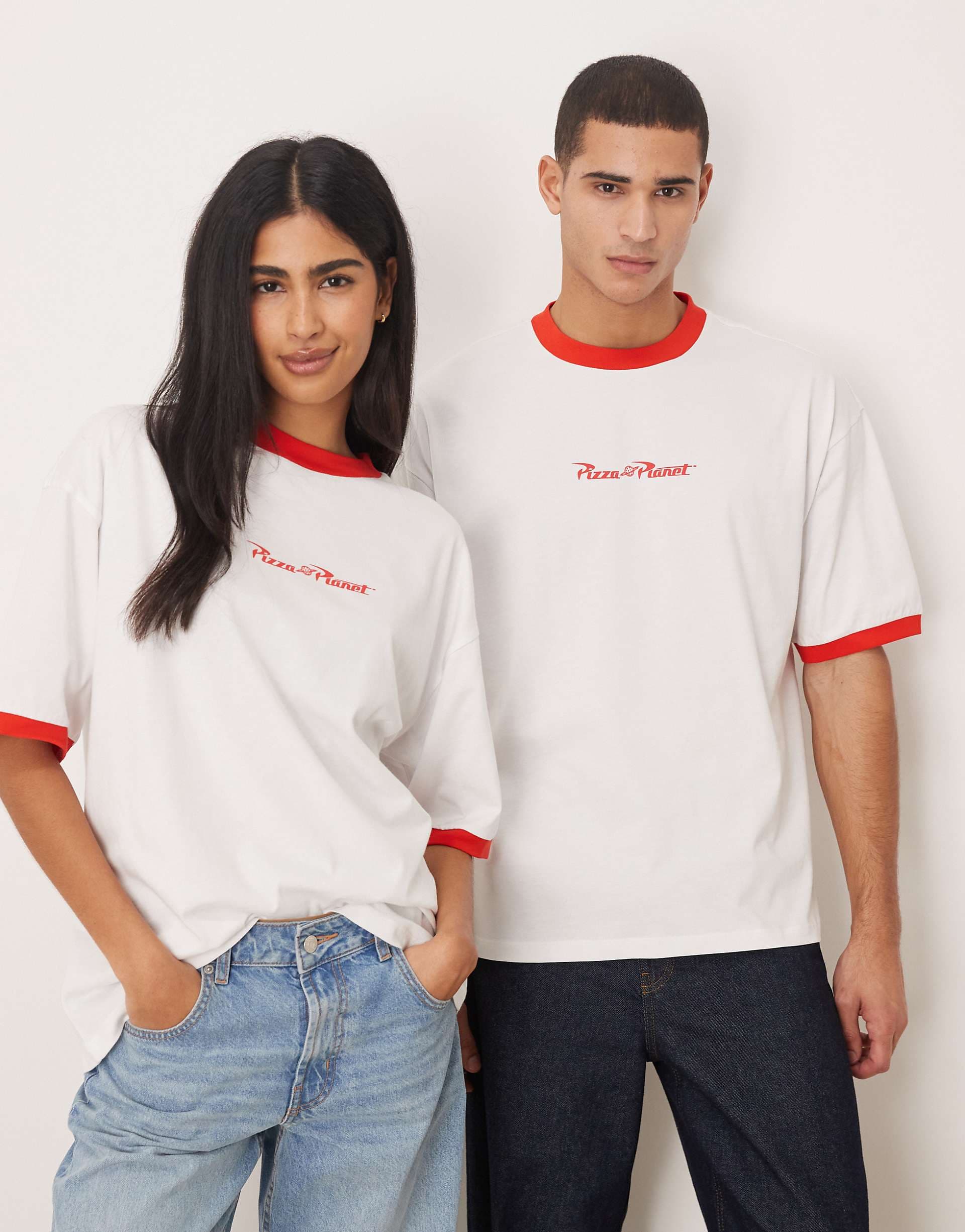 ASOS DESIGN Disney Pixar Unisex oversized Toy Story Pizza Planet t-shirt in white