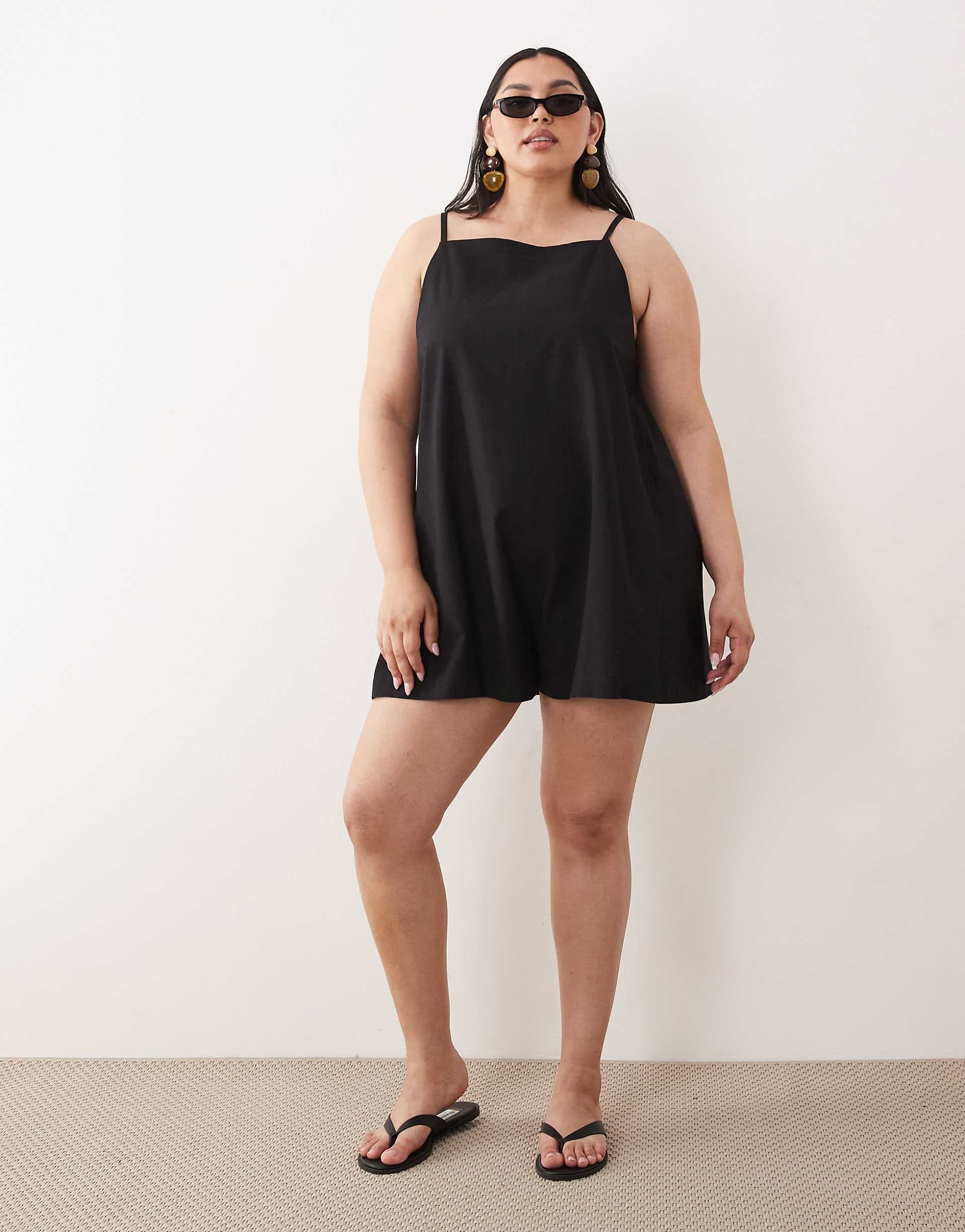 ASOS DESIGN Curve cotton linen pinny romper in black