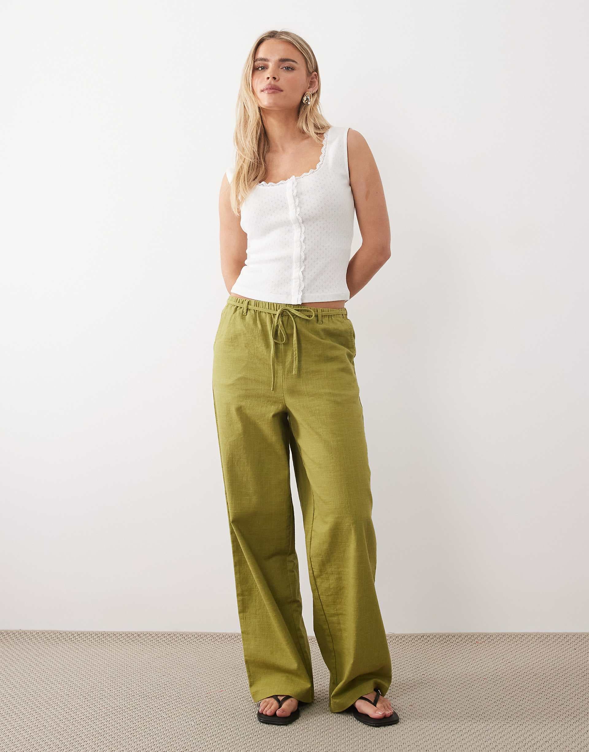 ASOS DESIGN Petite linen look pull on pants in olive green