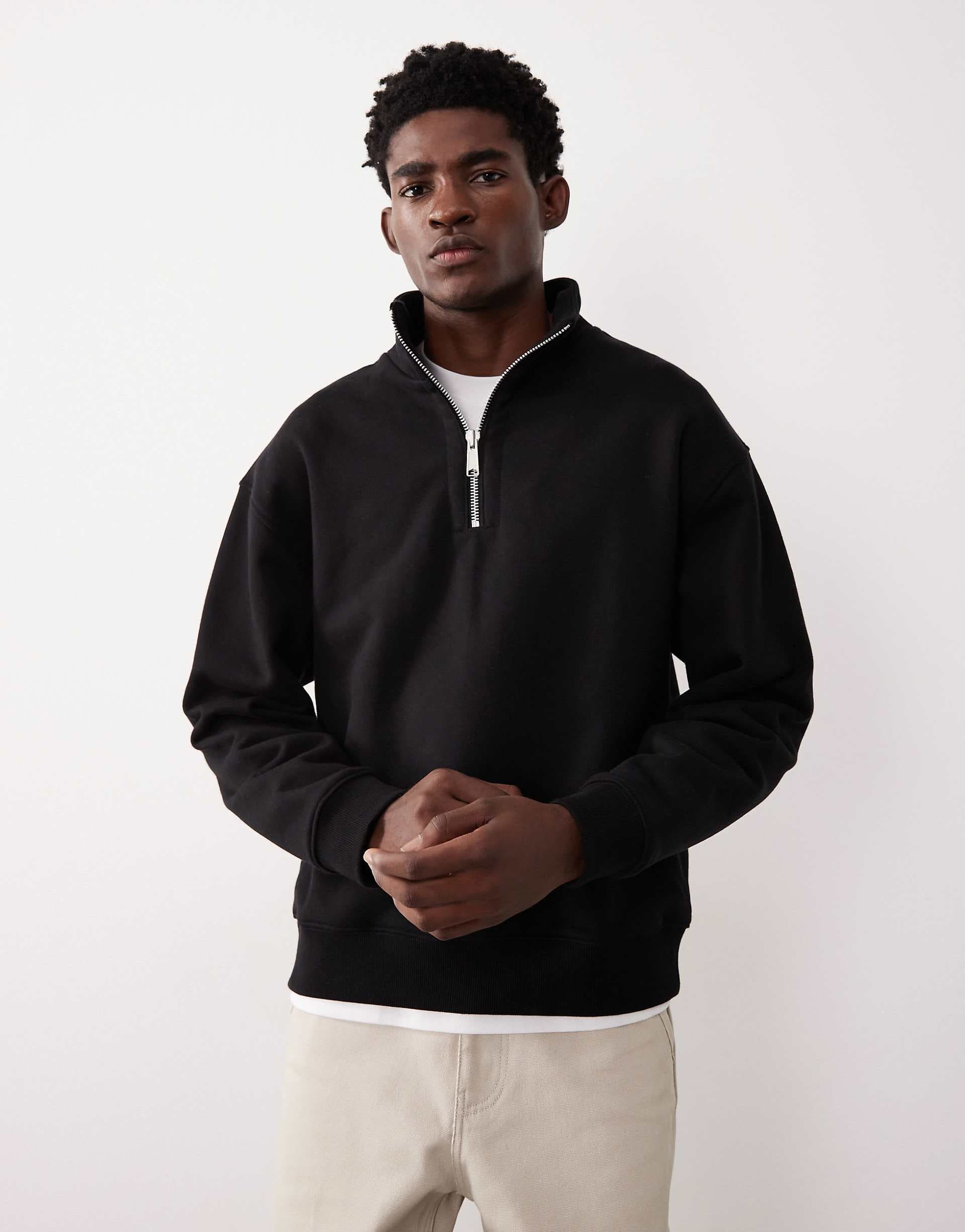 ASOS COLLECTIVE AC-T-2573 signature fit super heavyweight quarter zip funnel sweatshirt in black