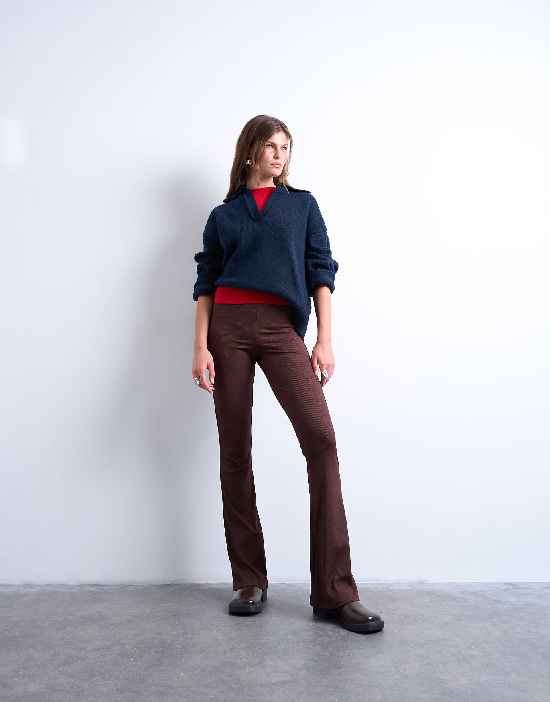 Topshop skinny rib knit flared pants in chocolate brown