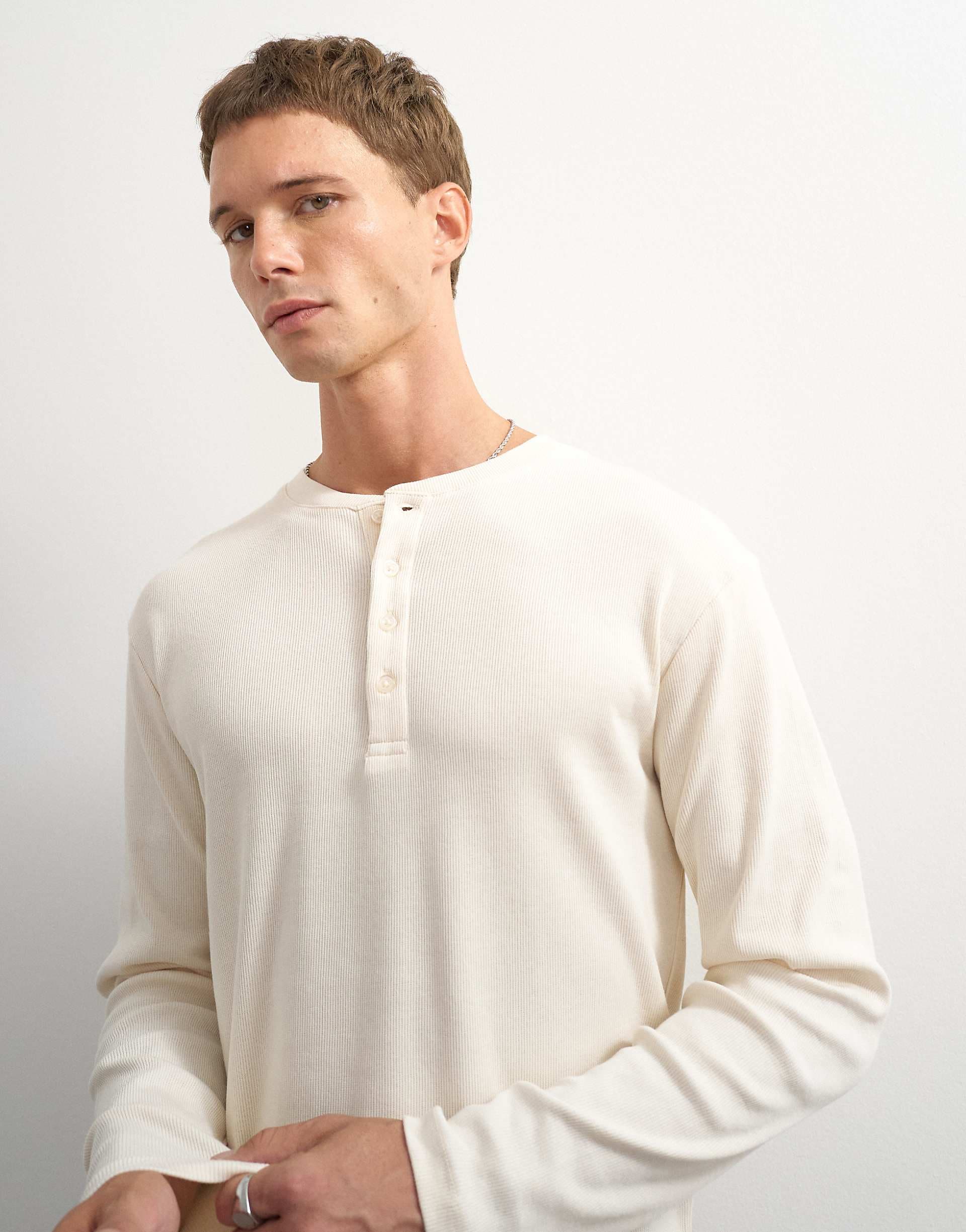 Topman slim fit long sleeve rib knit henley neck t-shirt in ecru