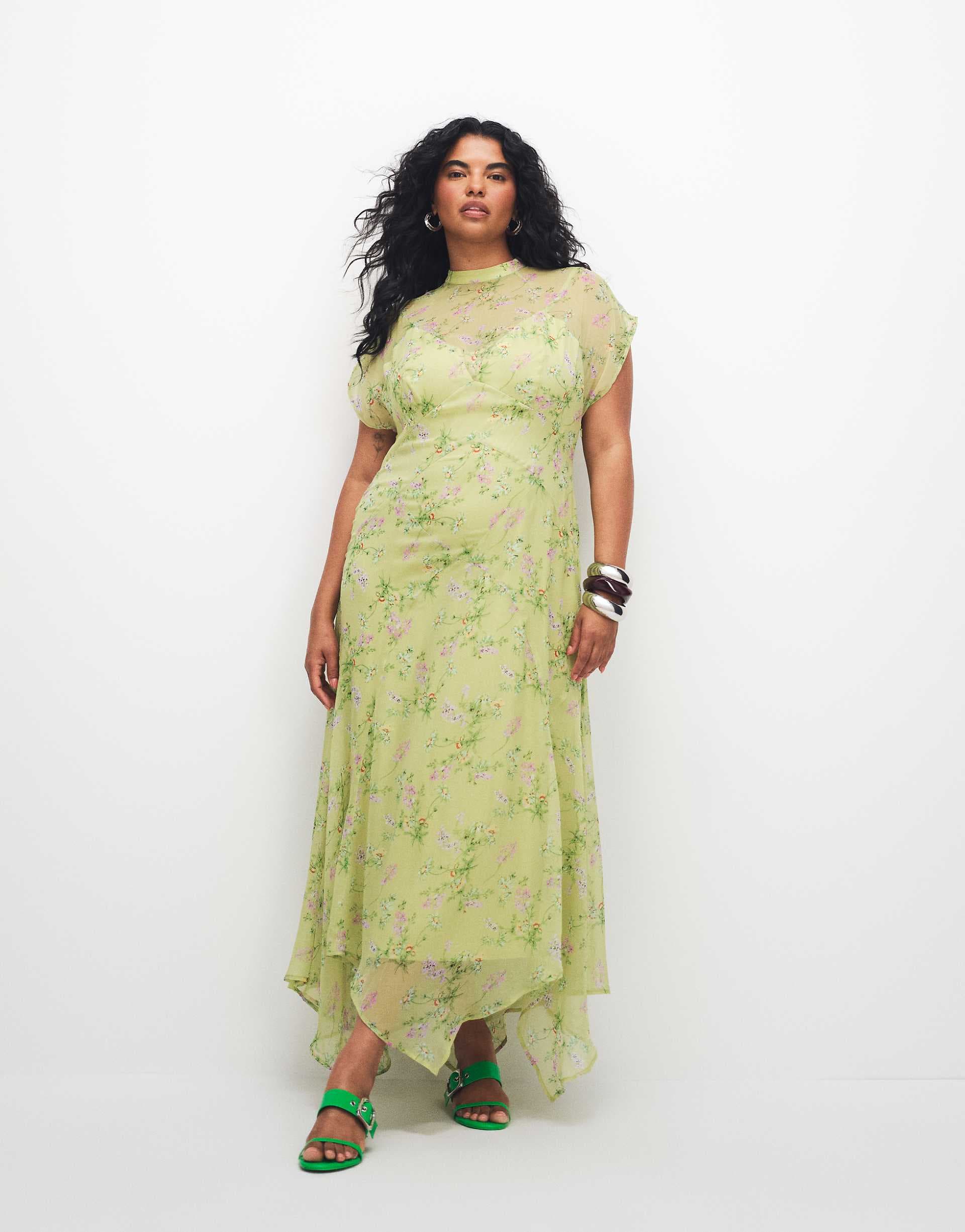 ASOS DESIGN Curve high neck hanky hem chiffon maxi dress in lime floral