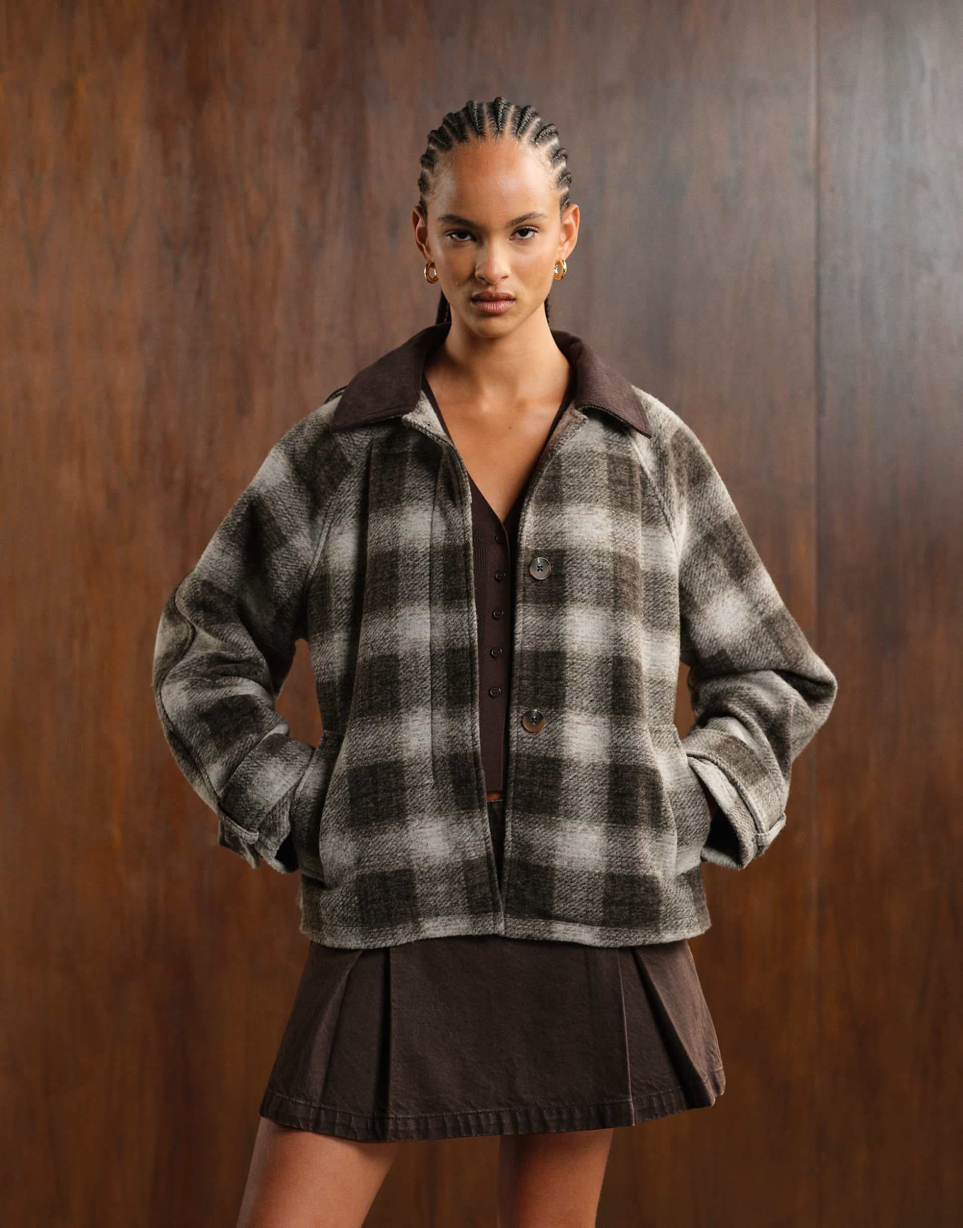 ASOS DESIGN jacket with contrast collar in mono check