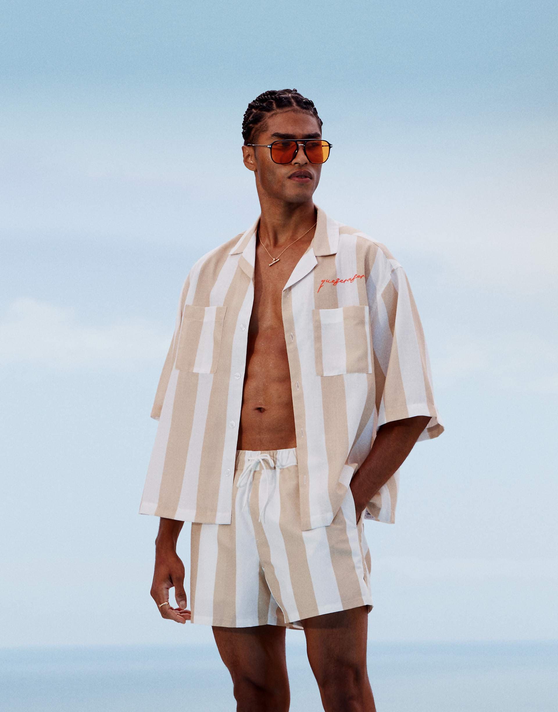 ASOS DESIGN boxy oversized camp collar shirt in white and stone stripe with embroidery - part of a set