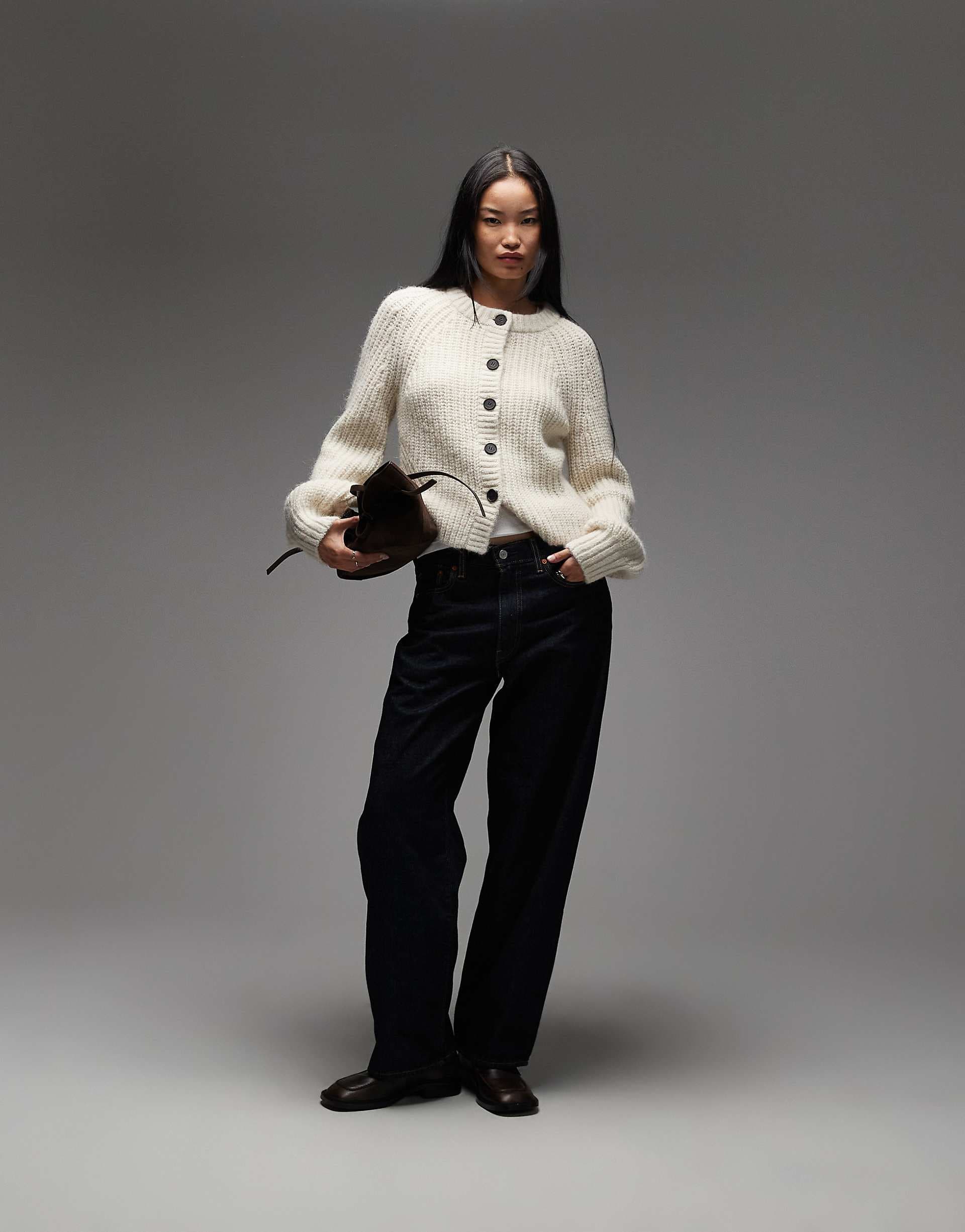 & Other Stories alpaca and wool chunky knit cardigan with balloon sleeves in cream