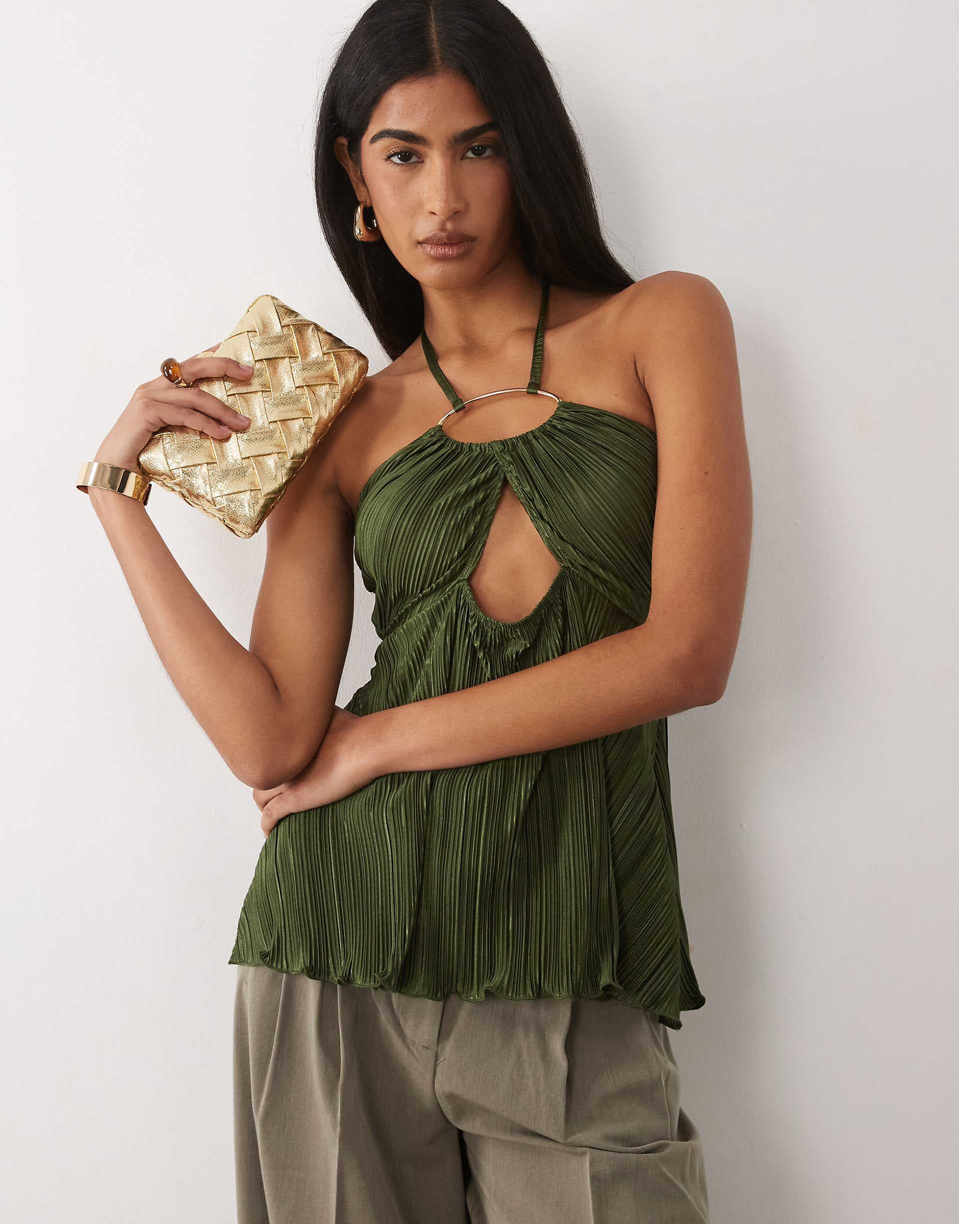 ASOS DESIGN plisse ring halter neck bandeau detail top in khaki
