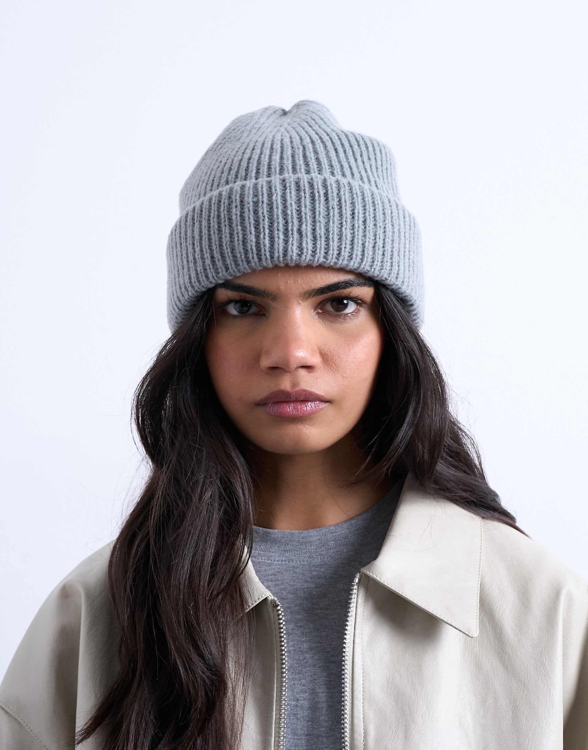 Topshop Henry ribbed beanie in gray