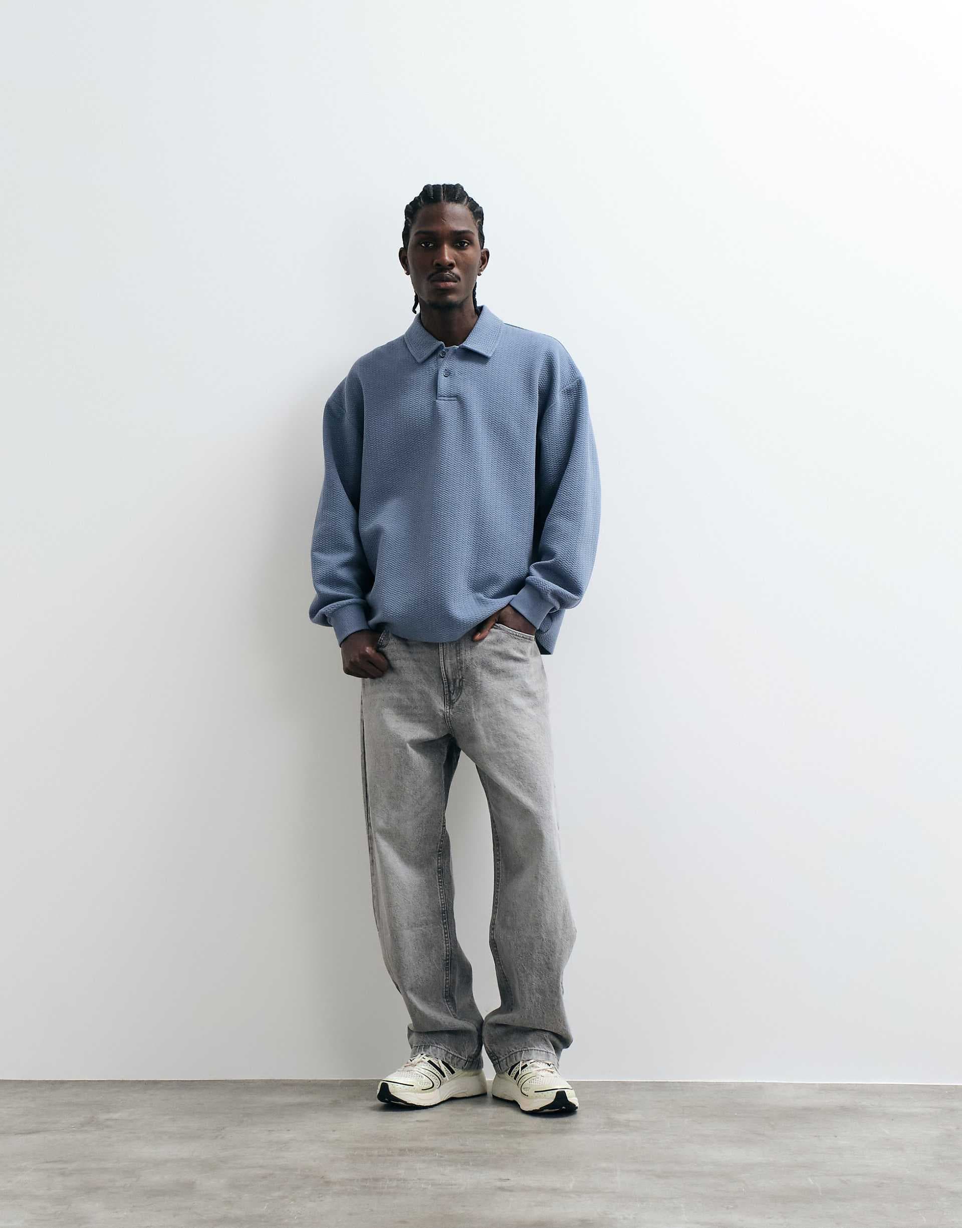 ASOS DESIGN oversized long sleeve polo in textured fabric in blue