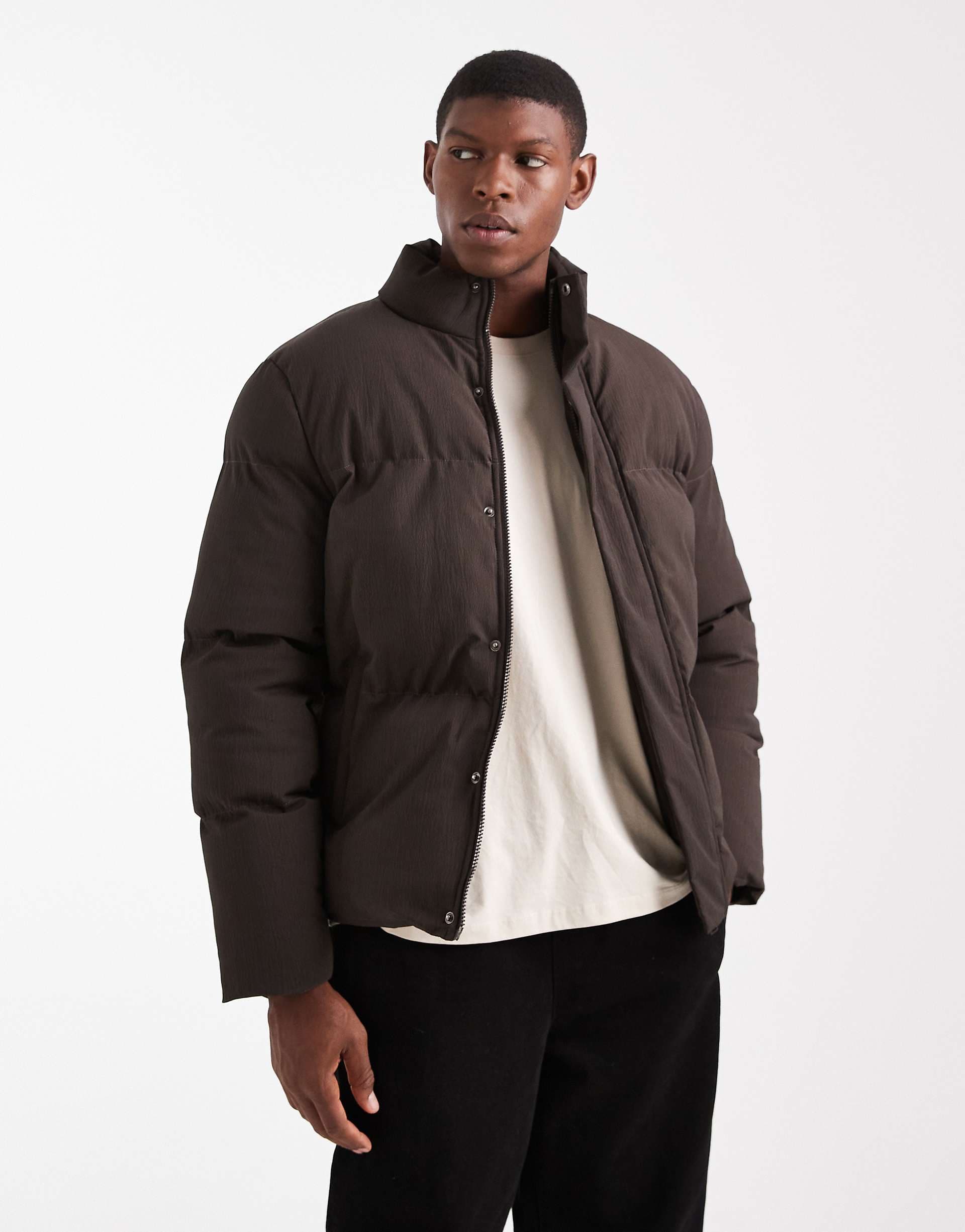 Brave Soul textured puffer jacket in chocolate brown