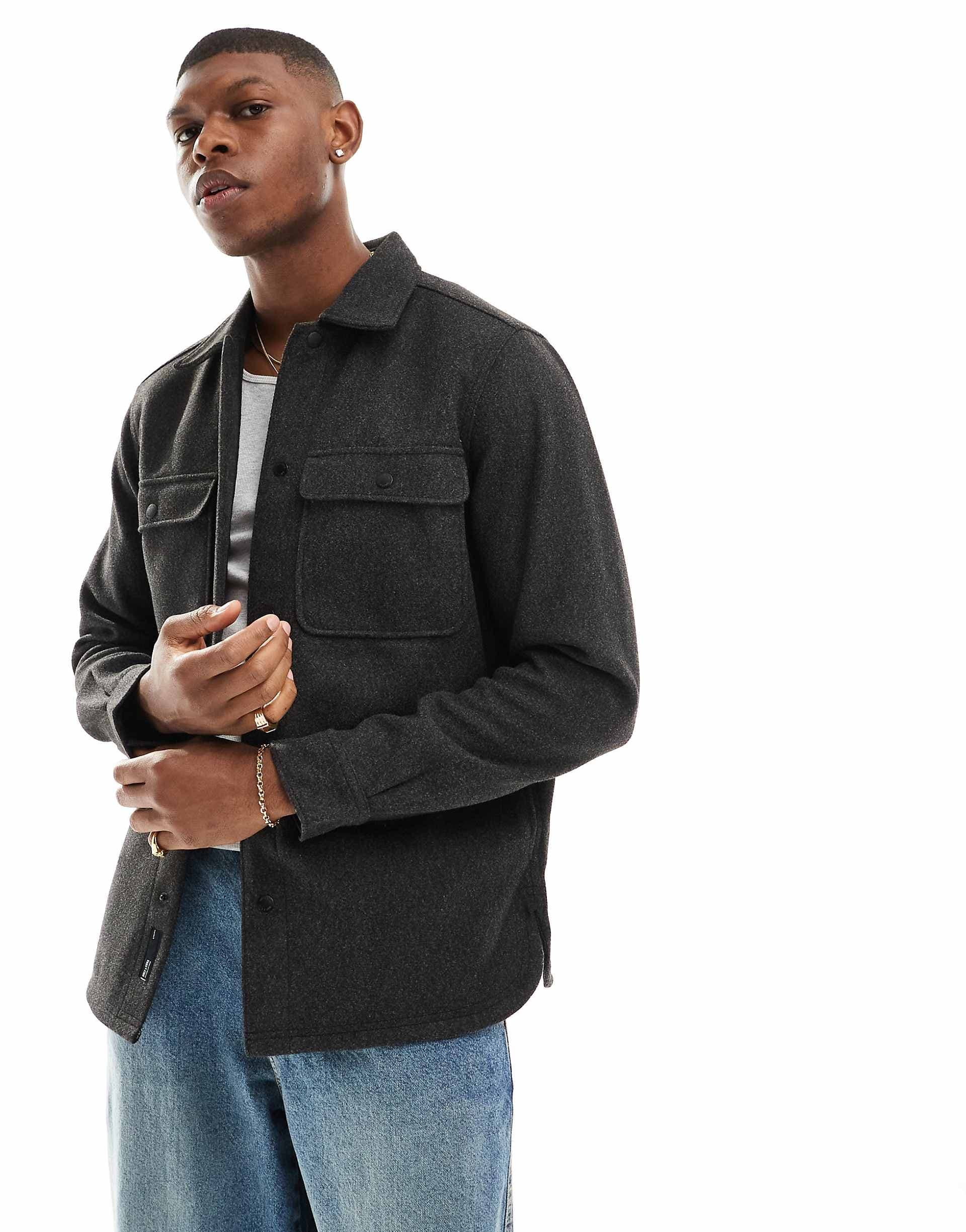 ONLY & SONS wool look overshirt in charcoal