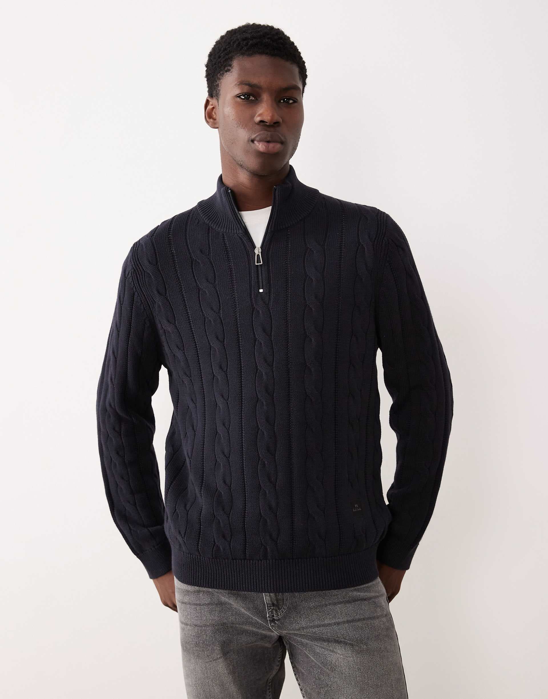 Paul Smith quarter zip cable knit sweater in navy