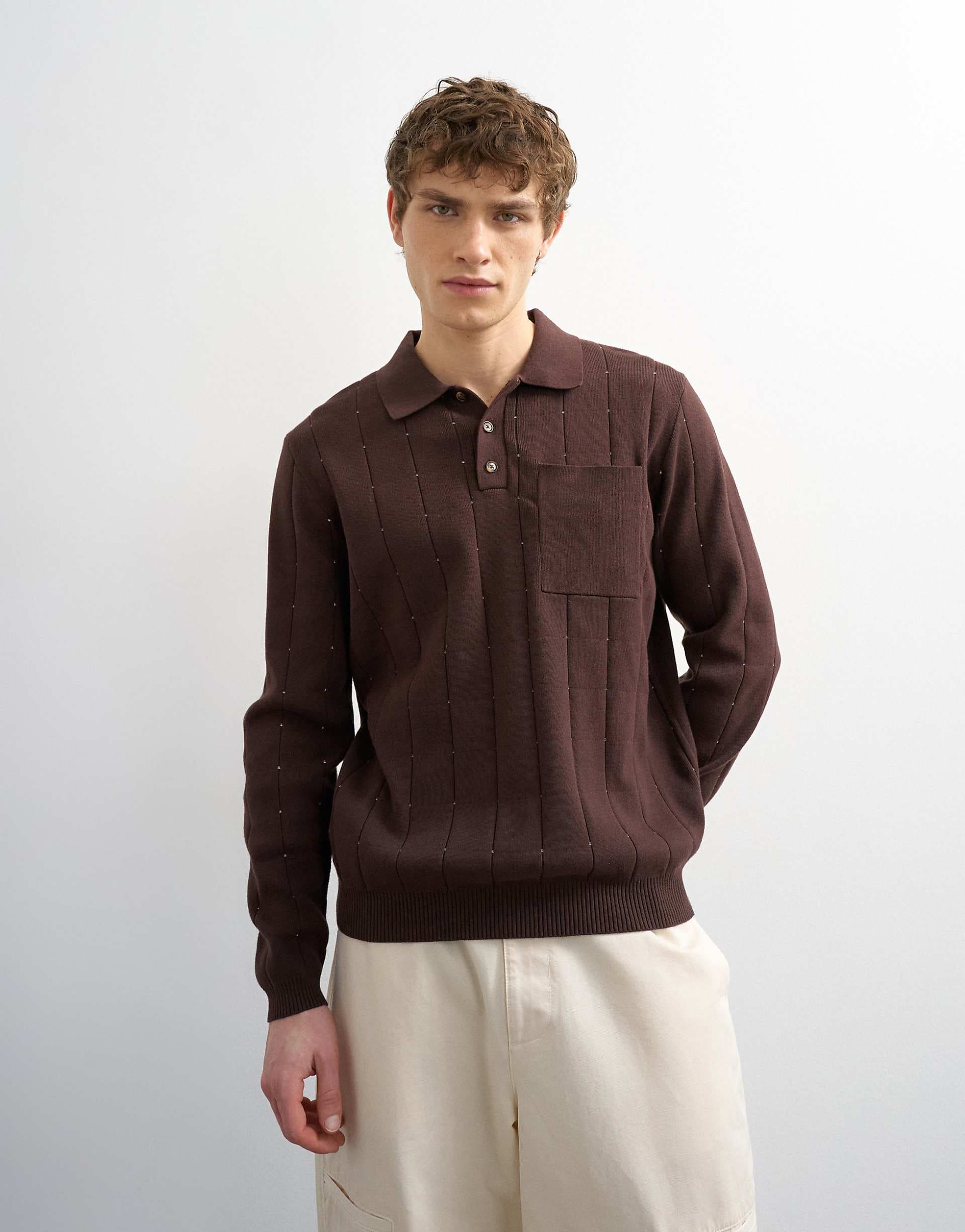 Topman classic fit long sleeve pointelle knit polo in brown