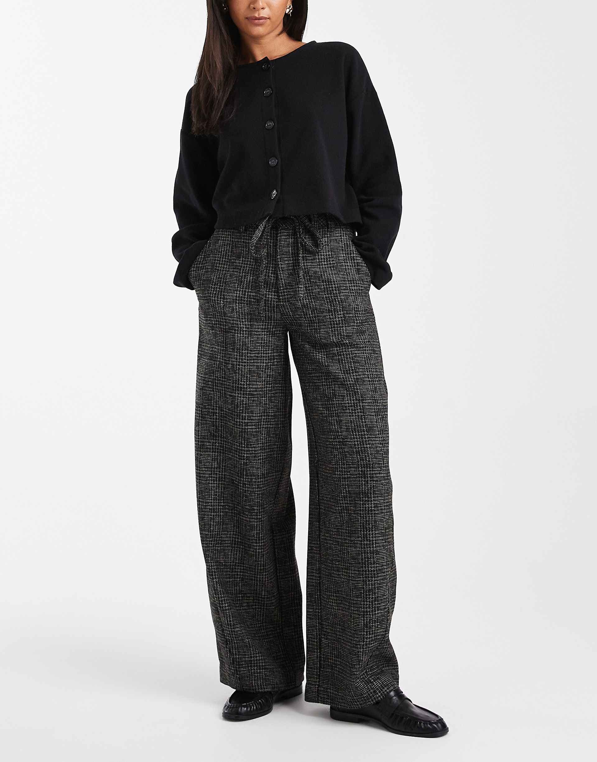 ASOS DESIGN barrel leg pants with seam detail in textured plaid in mono