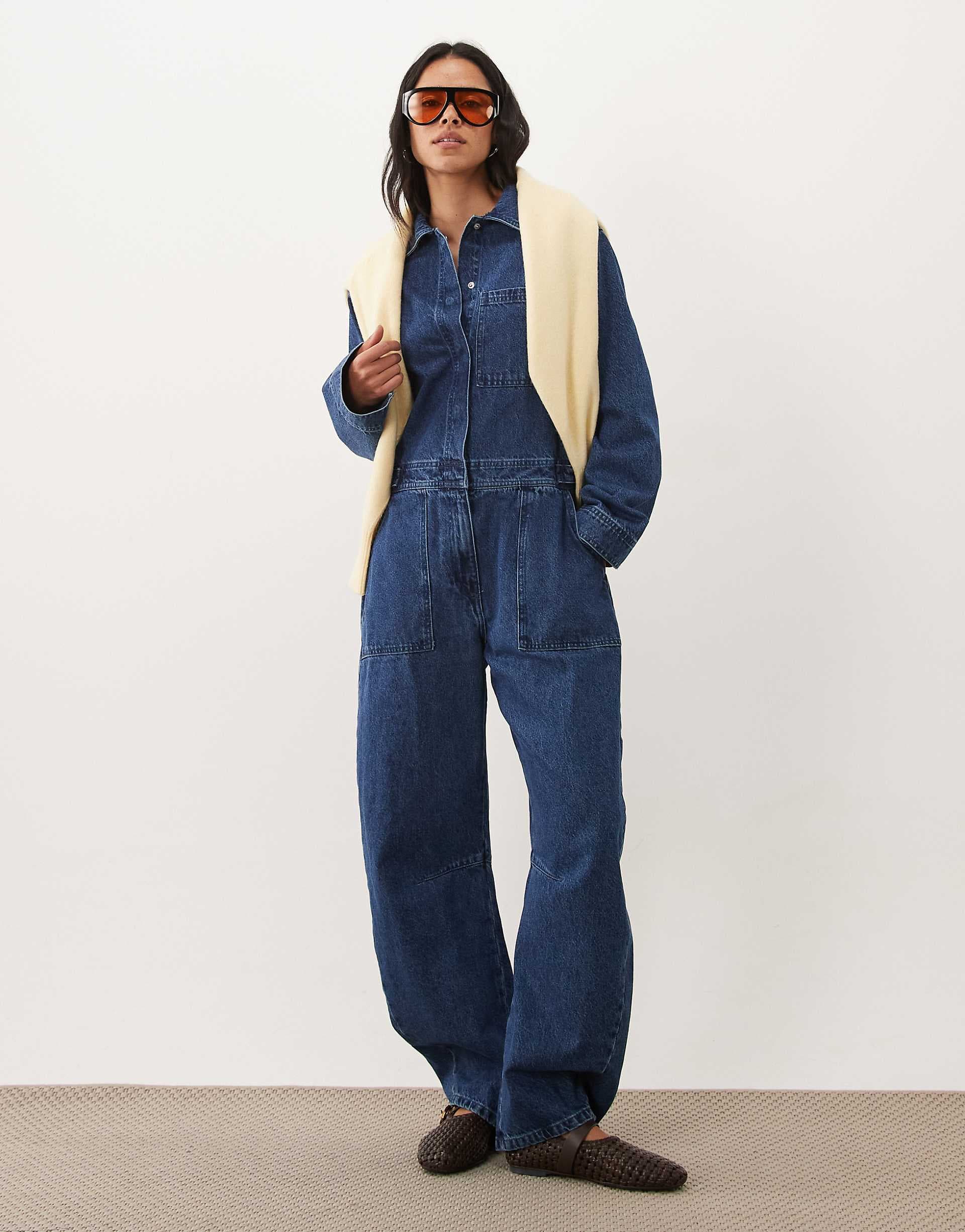 ASOS DESIGN denim barrel leg jumpsuit in dark mid blue