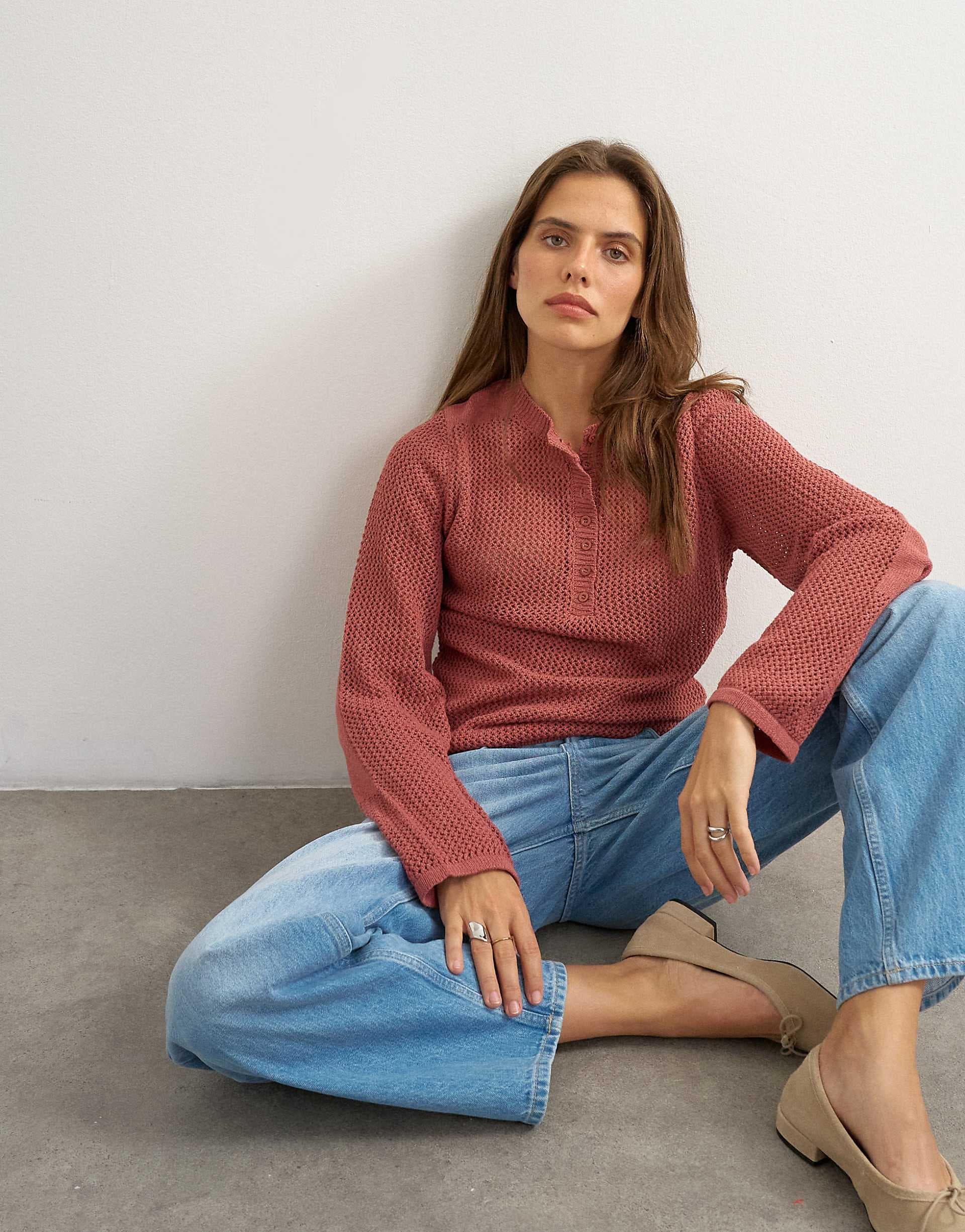 Topshop fine-gauge knit henley neck top in rust red