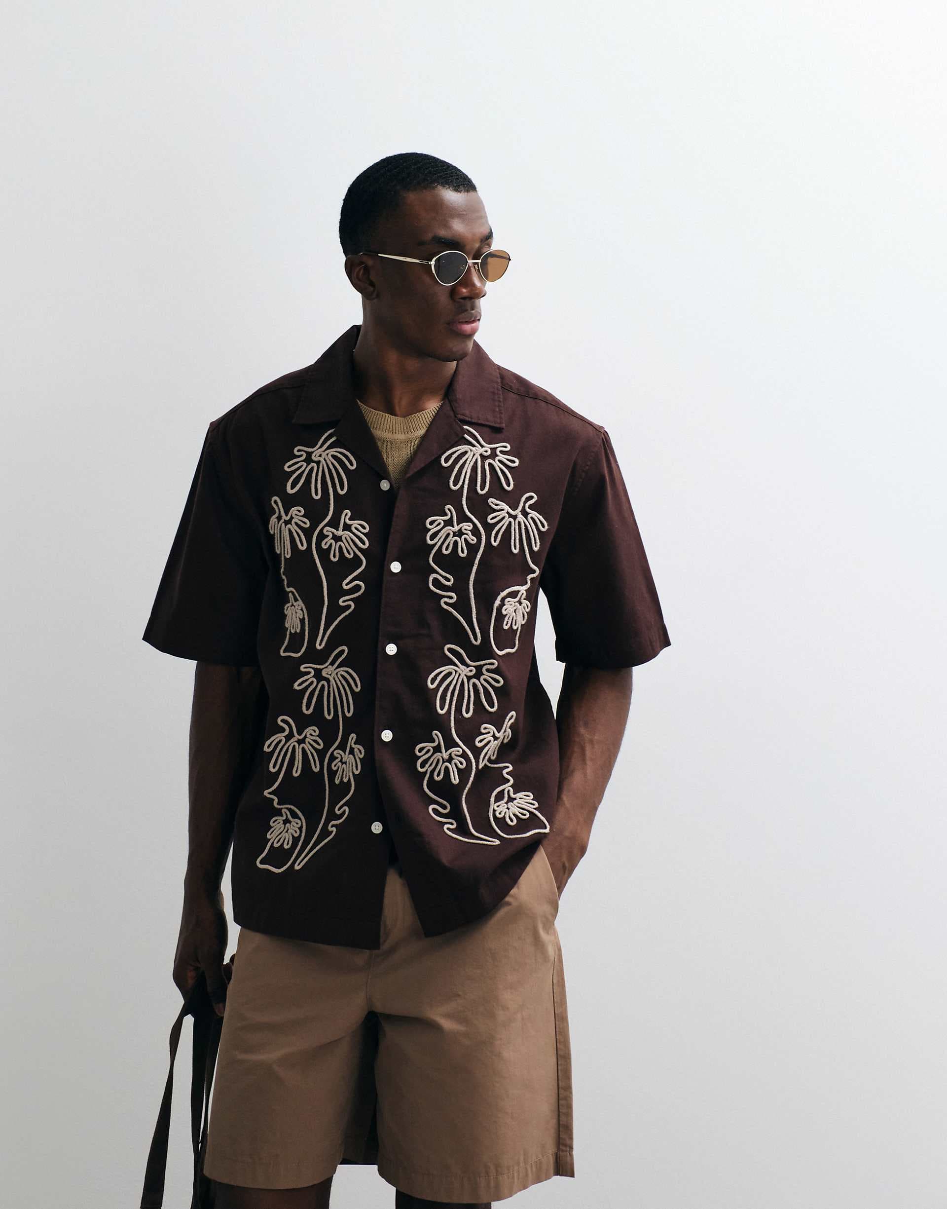 ONLY & SONS relaxed fit embroidery shirt with resort collar in dark brown