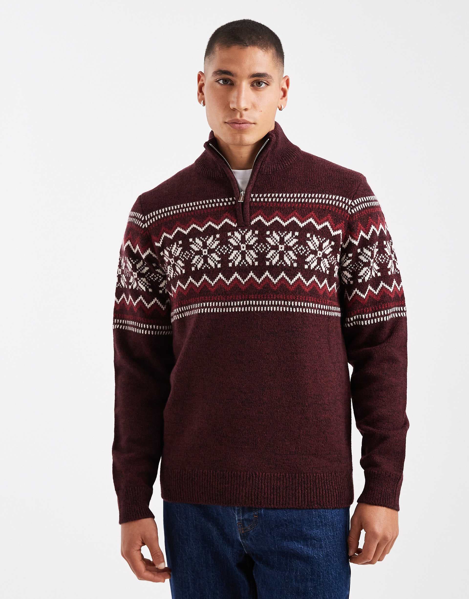 Threadbare 1/4 zip fairisle print sweater in burgundy