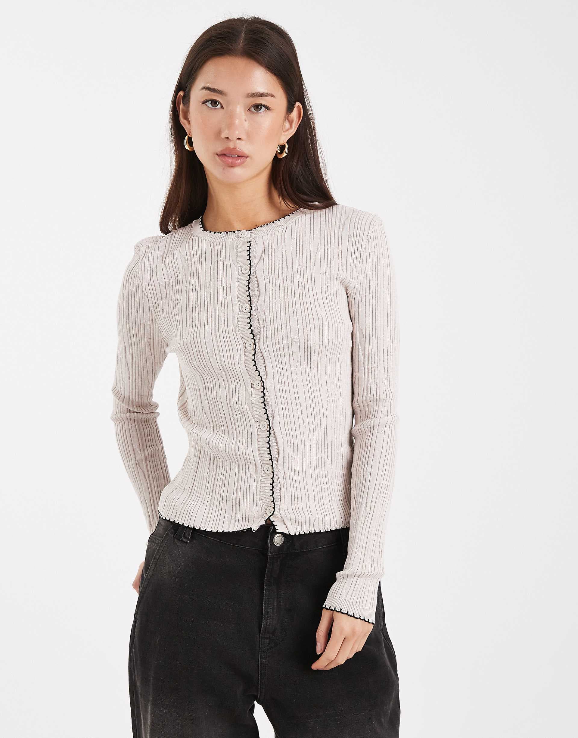 Miss Selfridge ribbed knit blanket stitch cardigan in cream