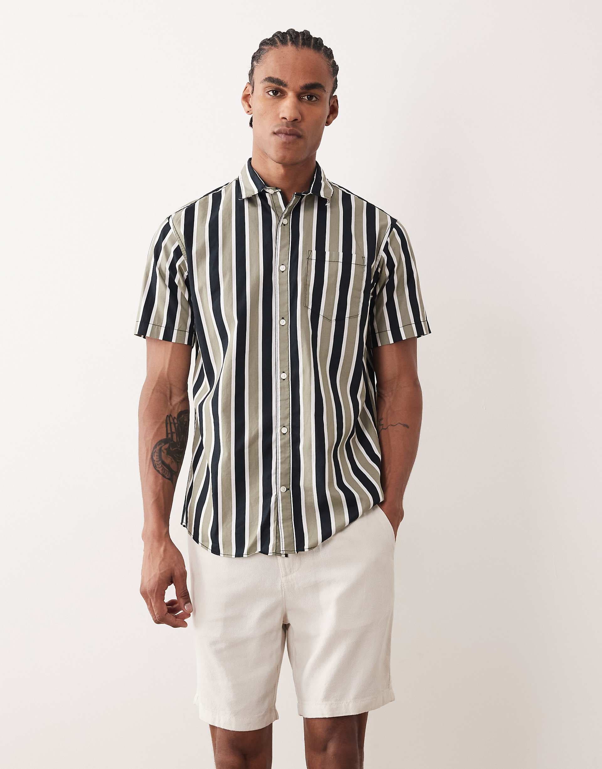 Jack & Jones short sleeve slim shirt in khaki-green and black stripes