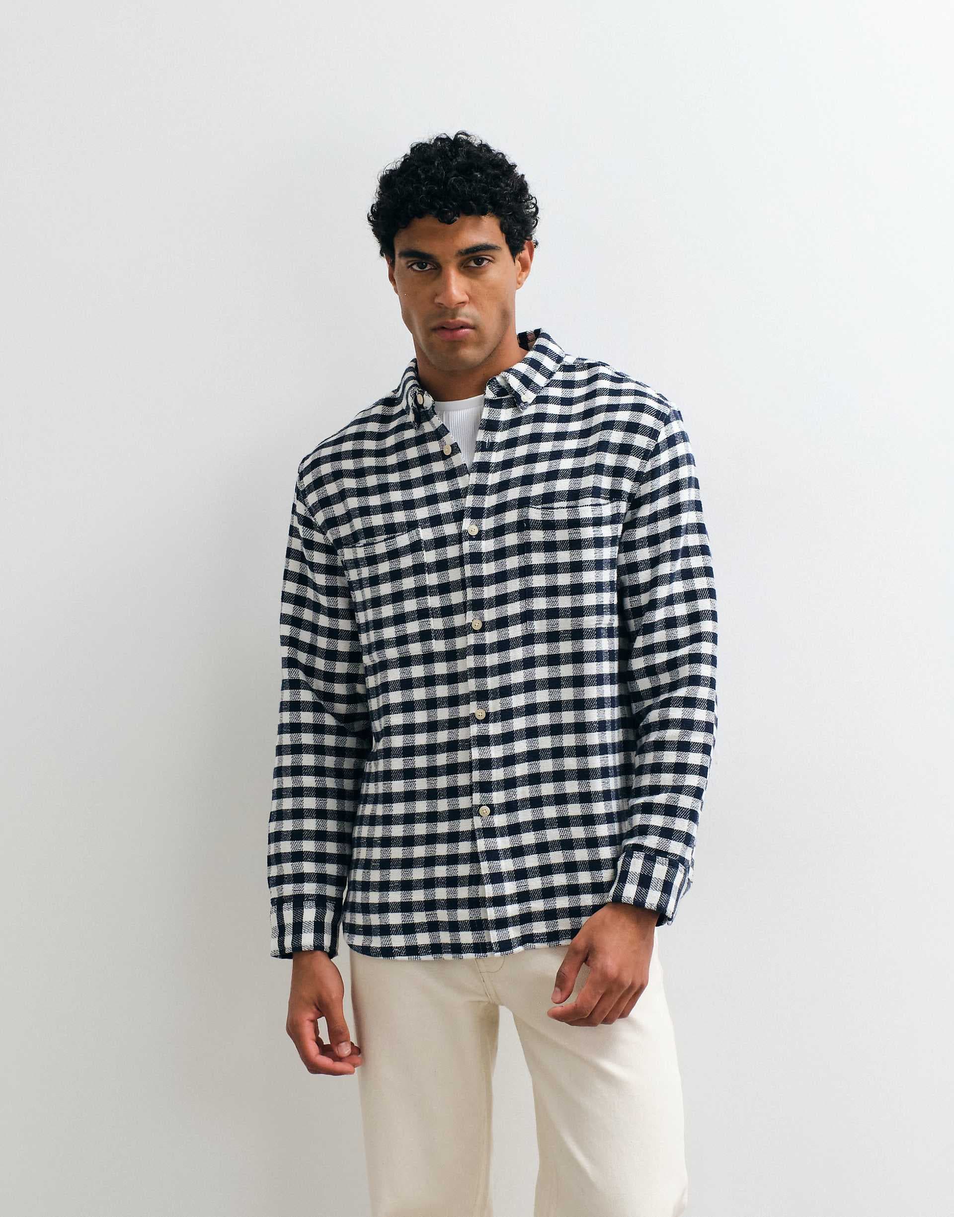 ASOS DESIGN checked overshirt with patch pockets in navy