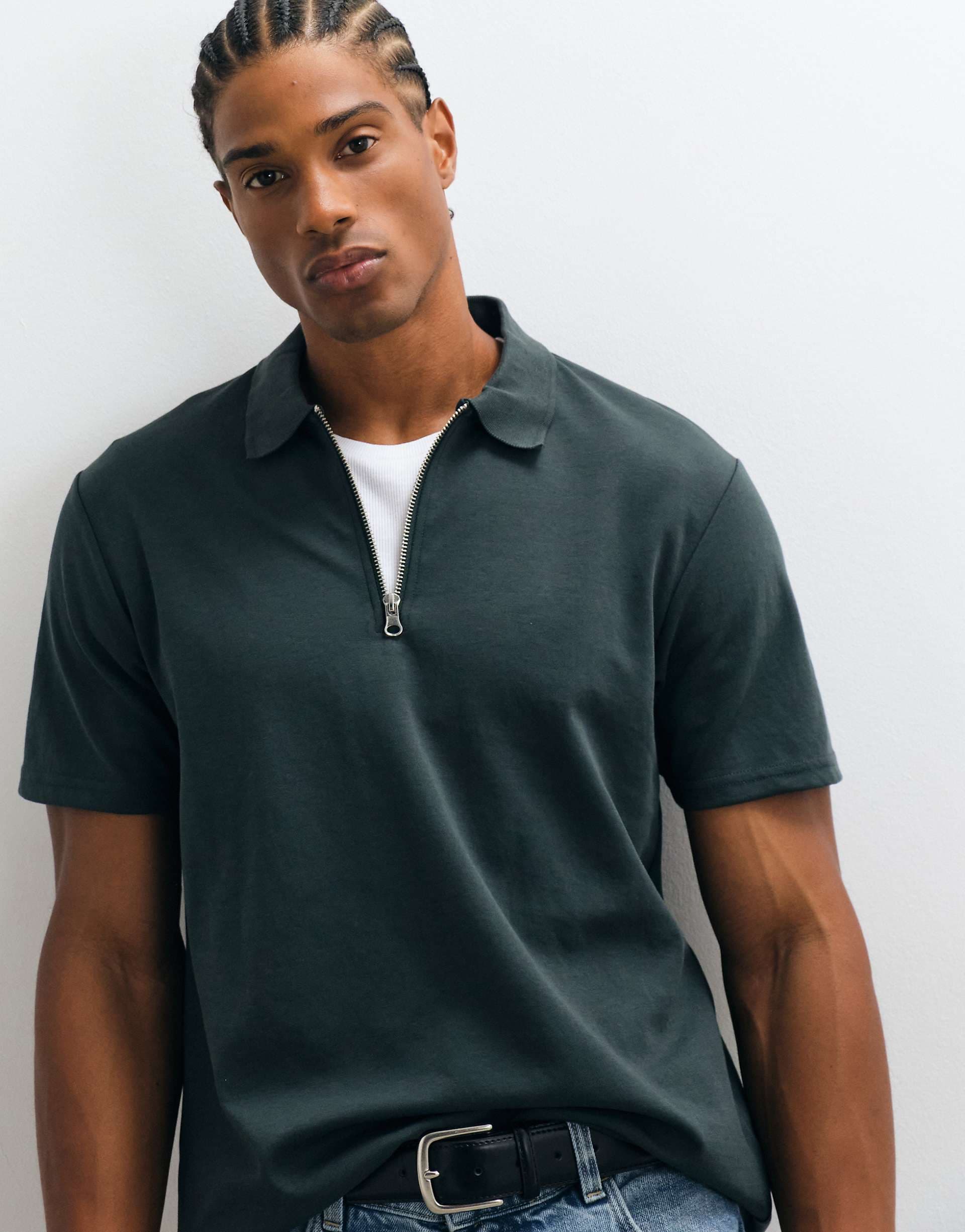ASOS DESIGN breatheMAX™ heavyweight regular fit partial zip polo in dark green cotton blend