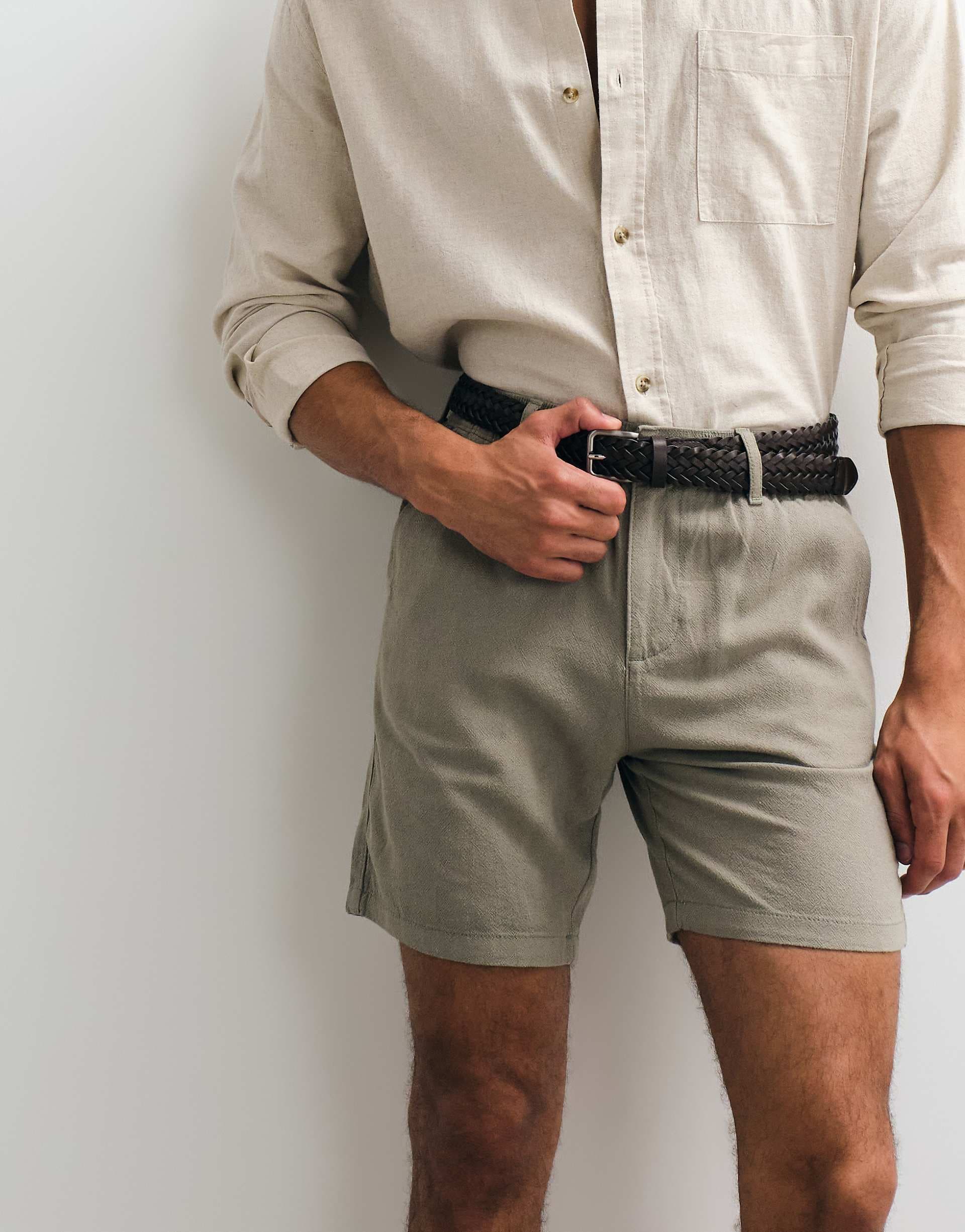 ASOS DESIGN mid length slim linen blend shorts in khaki green