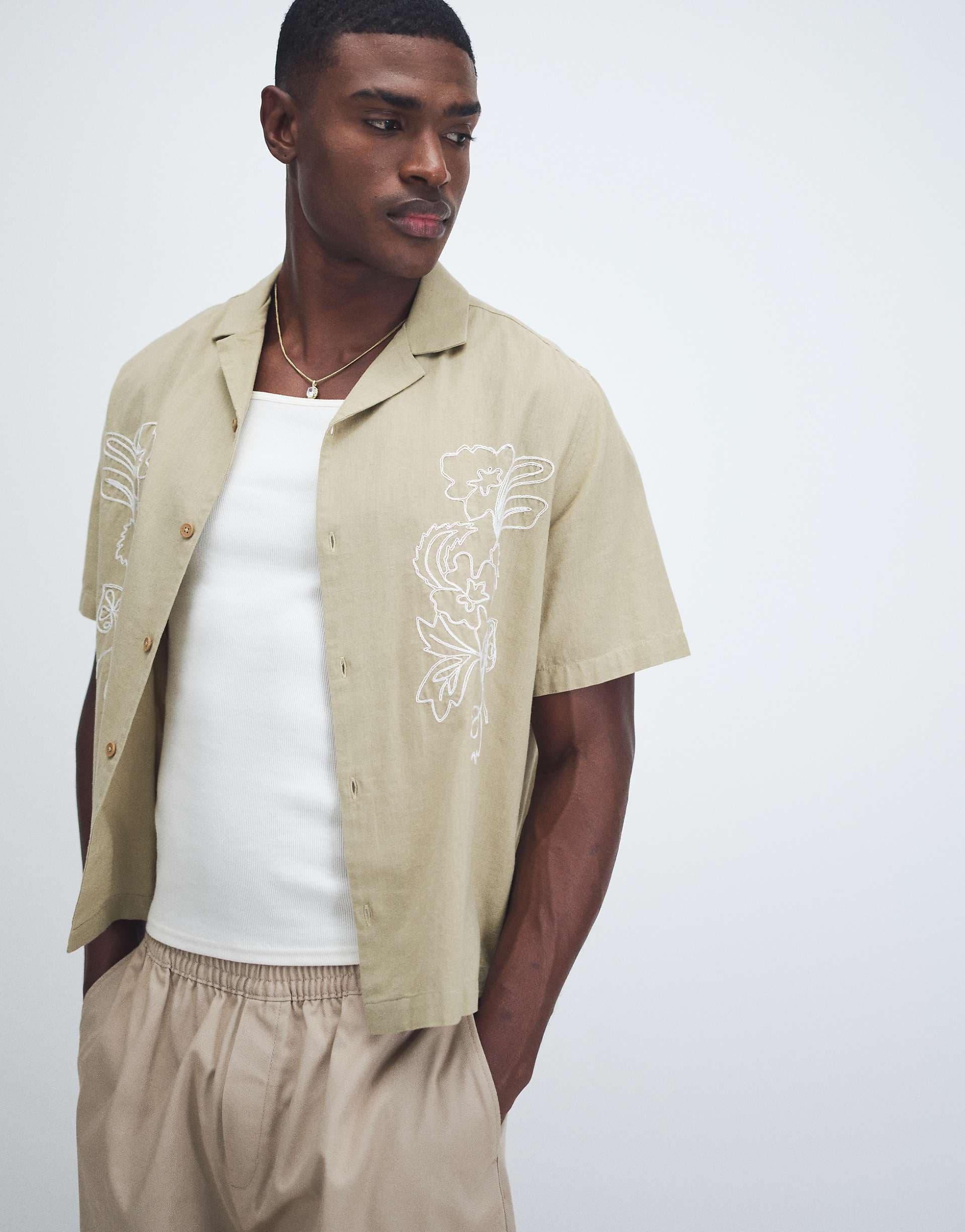 ASOS DESIGN linen blend relaxed camp collar shirt with placement embroidery in sage green