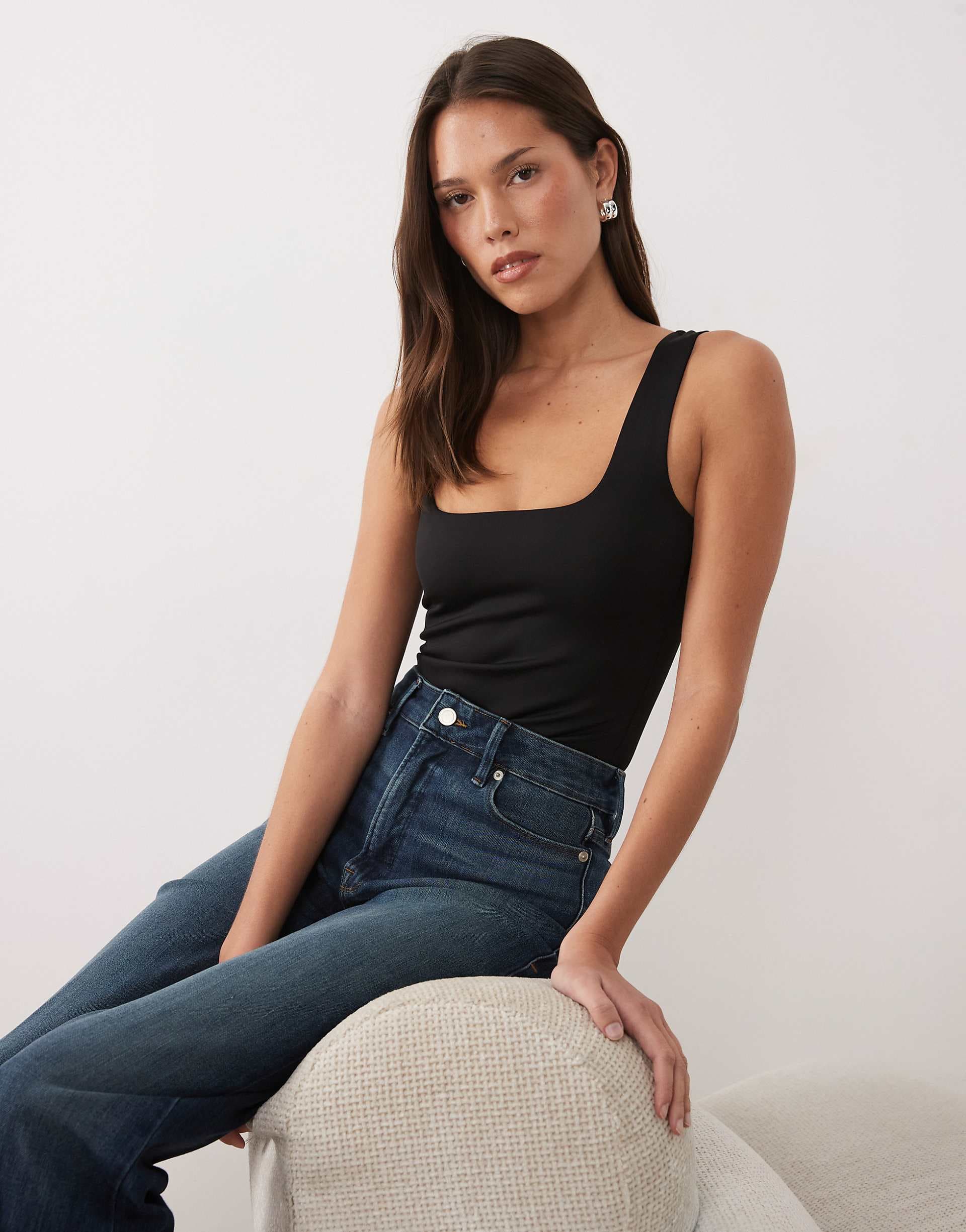 Good American sculpting modern tank square neck thong bodysuit in black