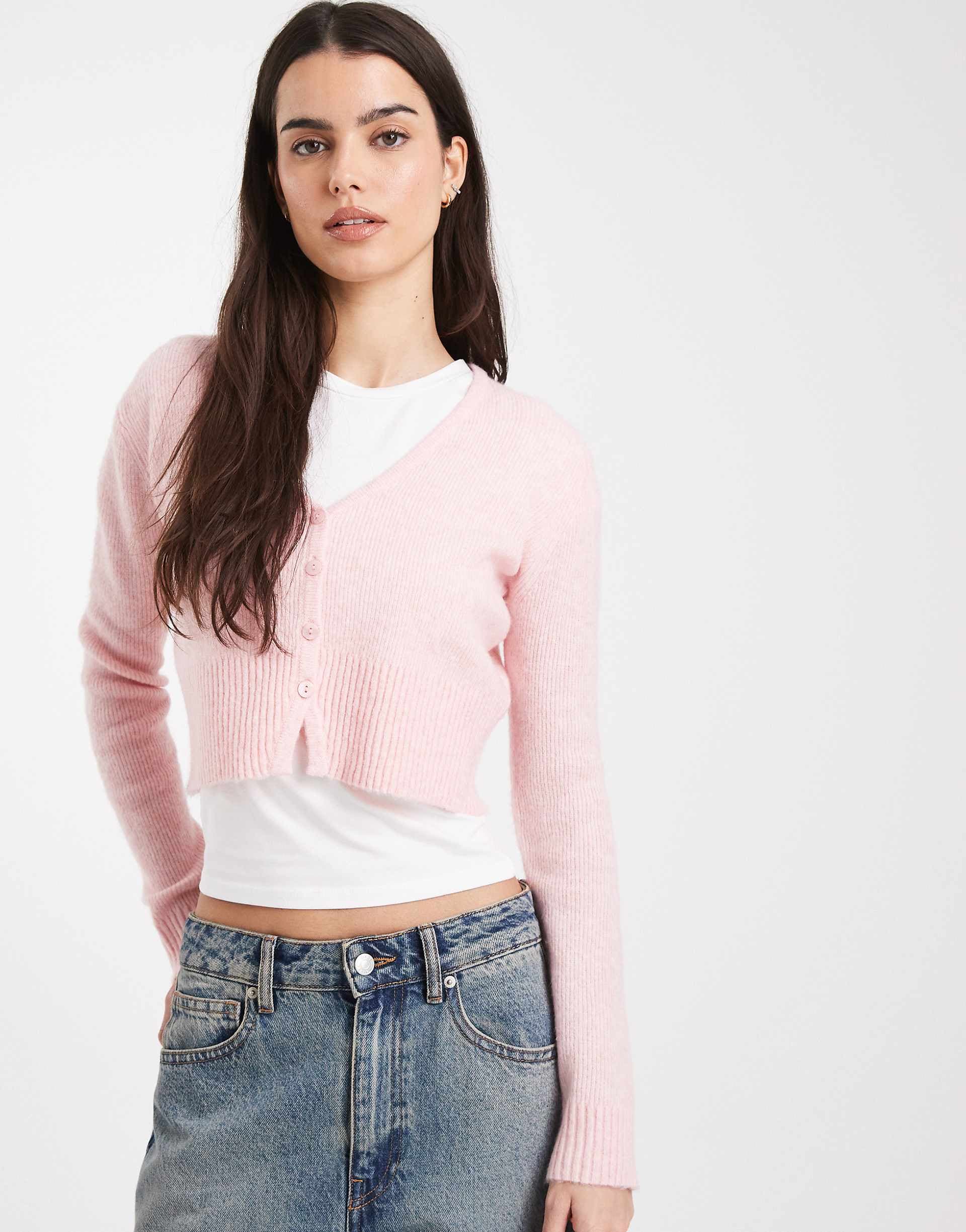 Miss Selfridge fluffy cropped cardigan in pink