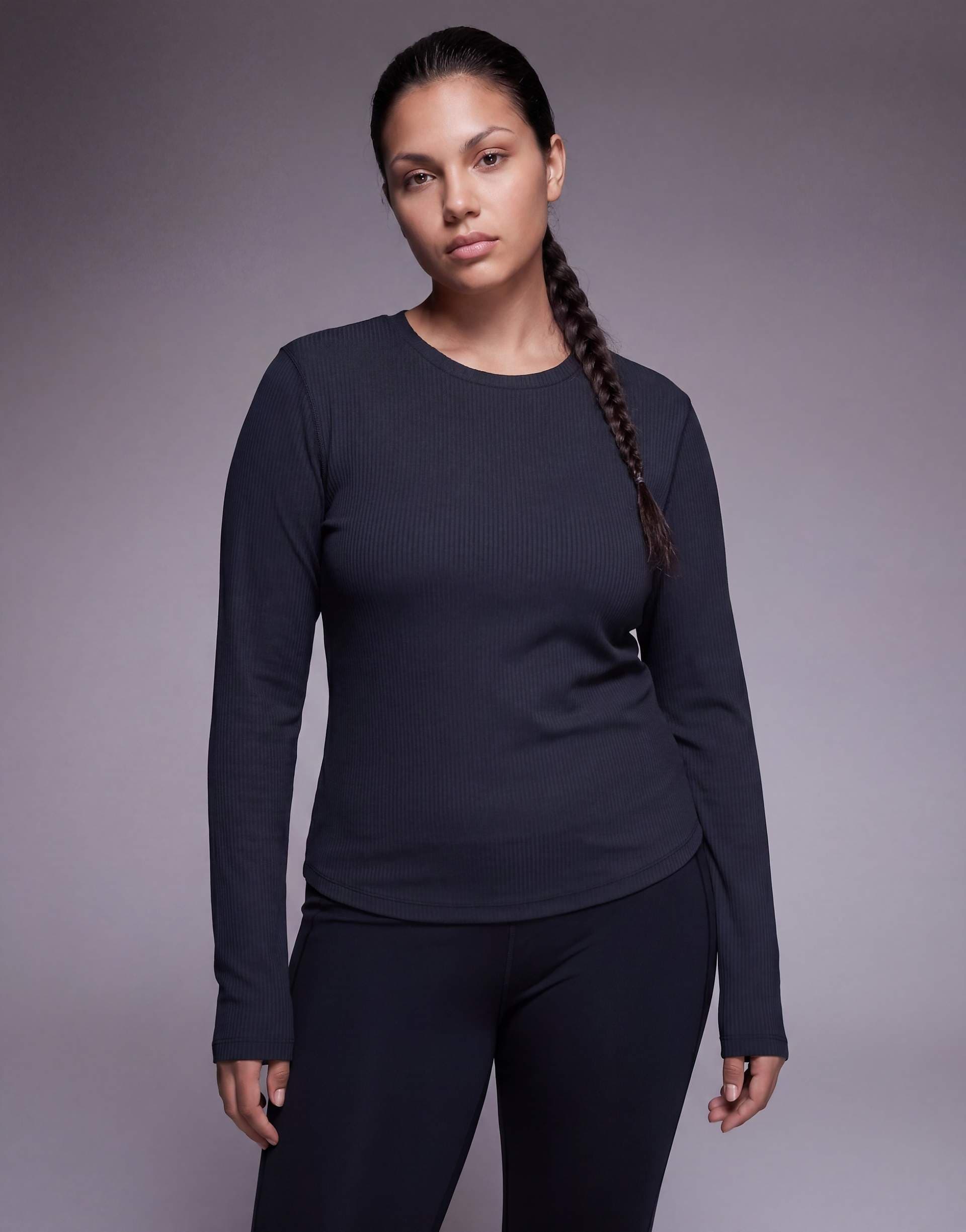4505 Curve plush handle rib long sleeve warmup top in black