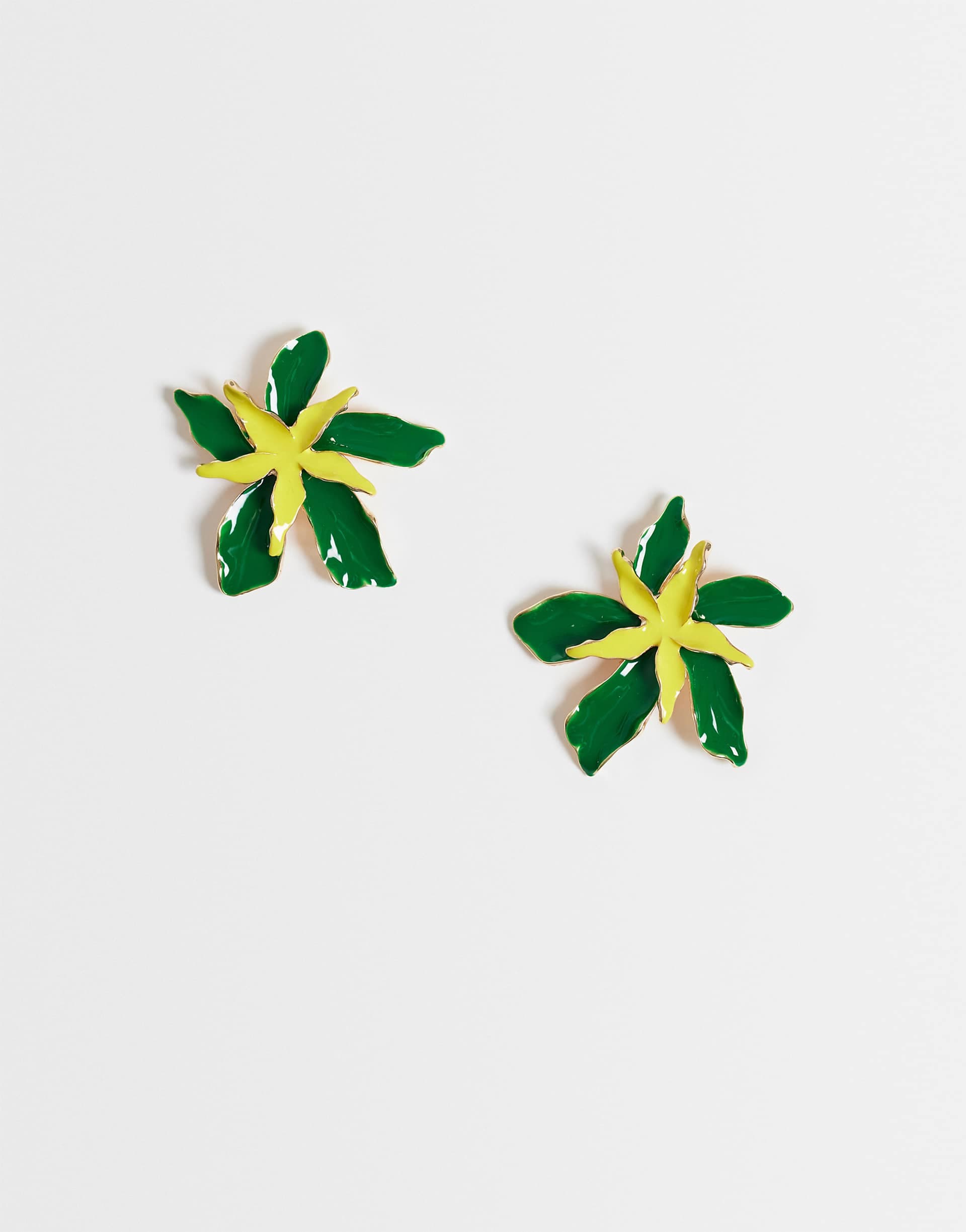 DesignB London tropical flower earrings in green and yellow