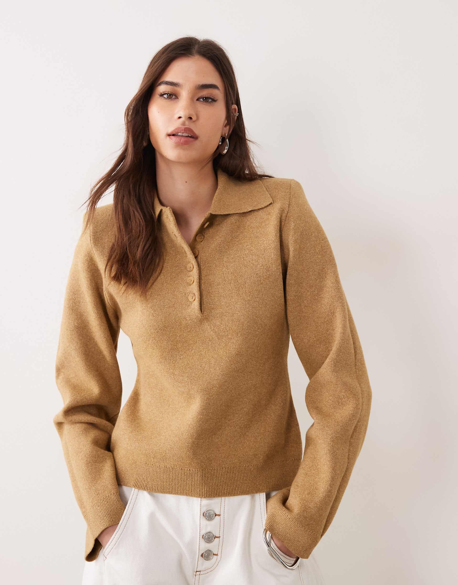 ASOS DESIGN structured shoulder pads polo top in camel