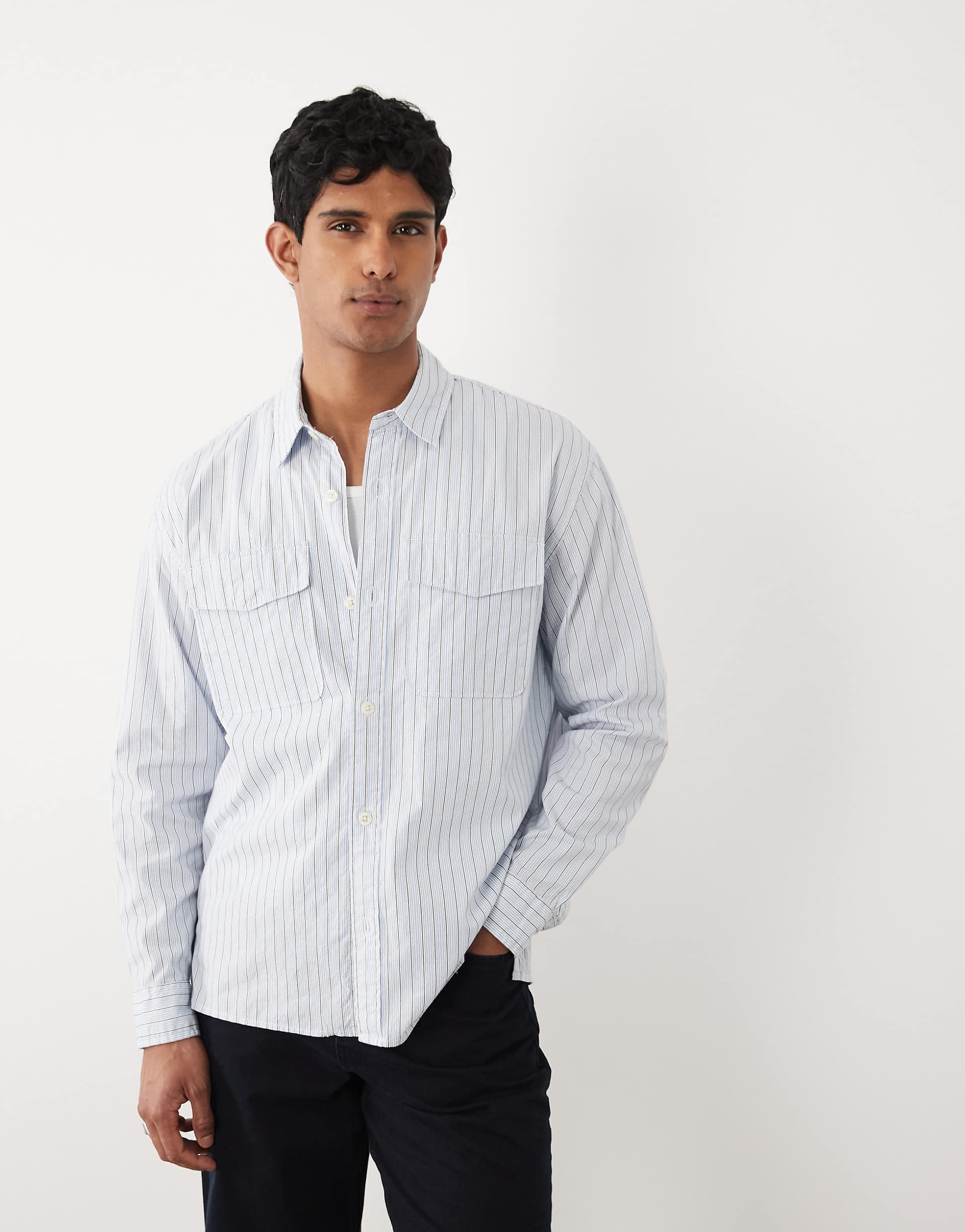 Abercrombie & Fitch pocket detail long sleeve shirt in blue striped print