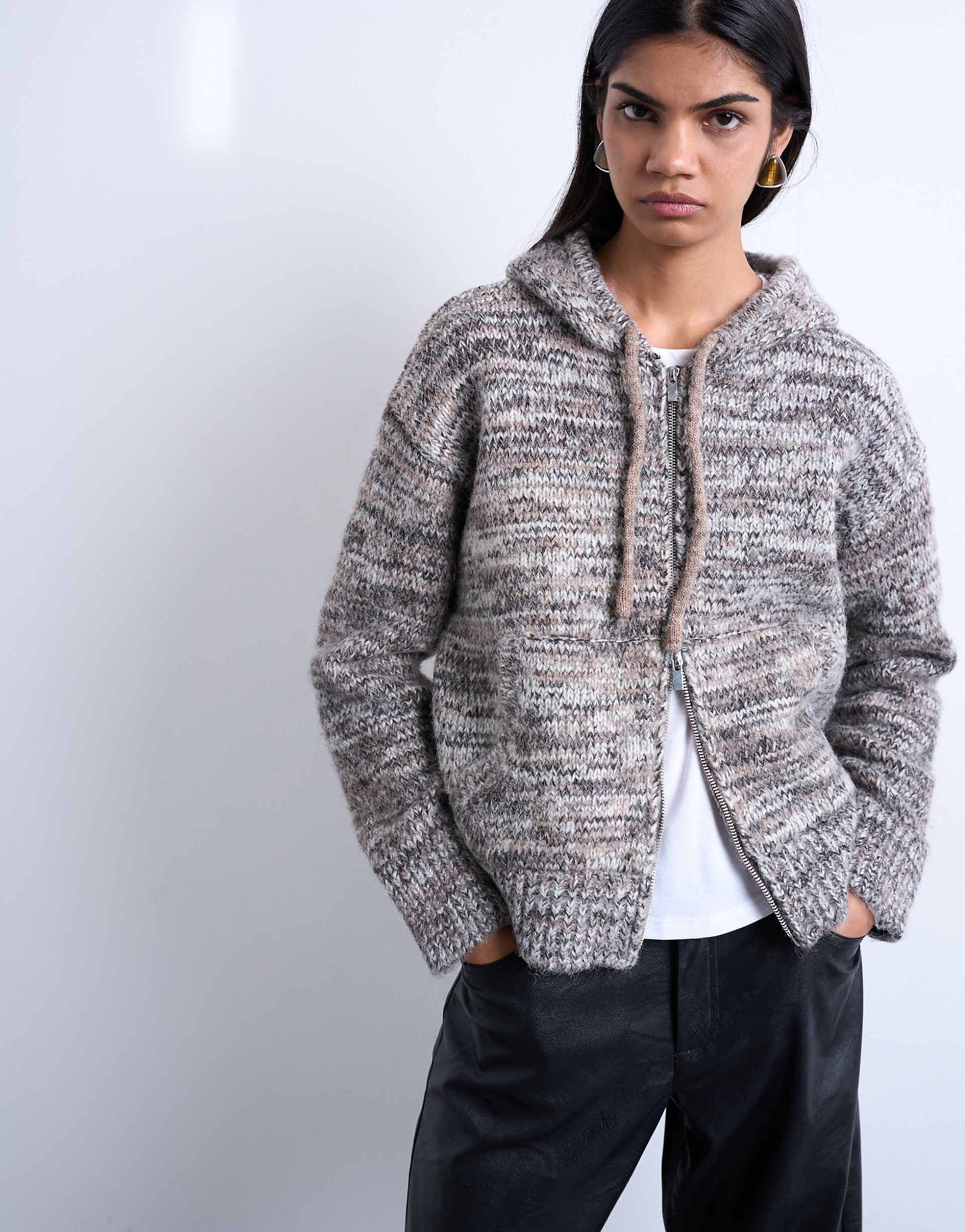 Topshop heavy twist yarn knit hoodie in gray