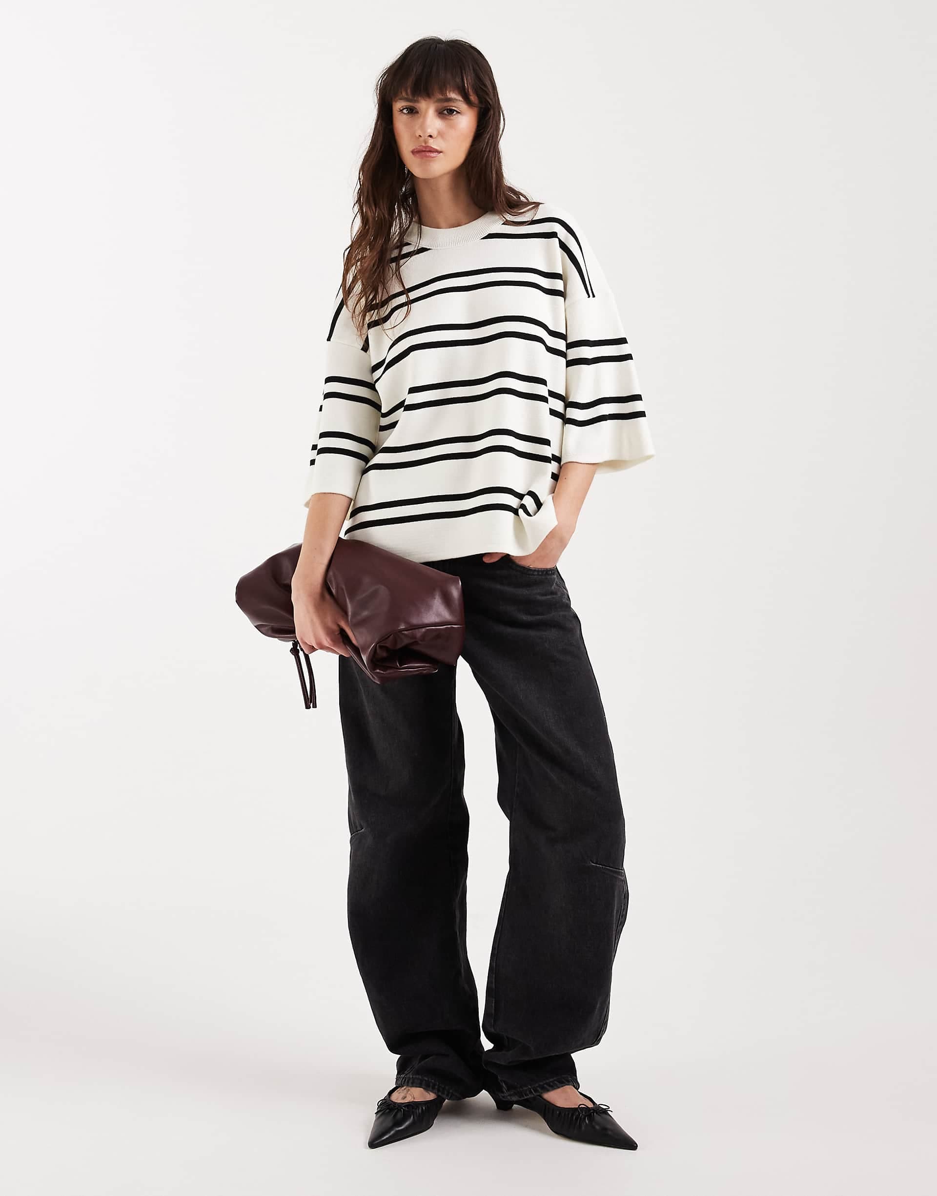 ASOS DESIGN knit stripe compact structured oversized T-shirt in white