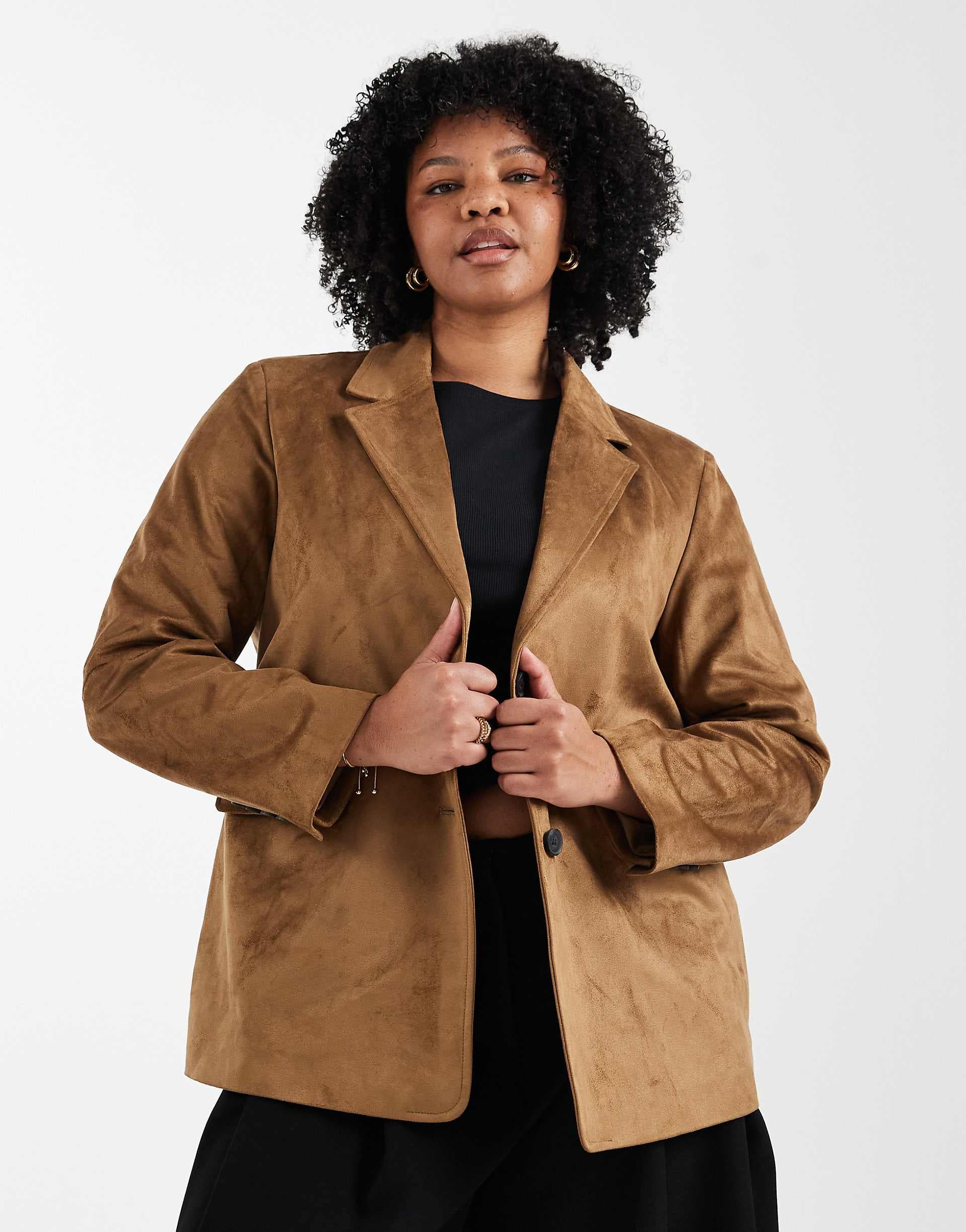 ONLY Curve faux suede blazer in light brown