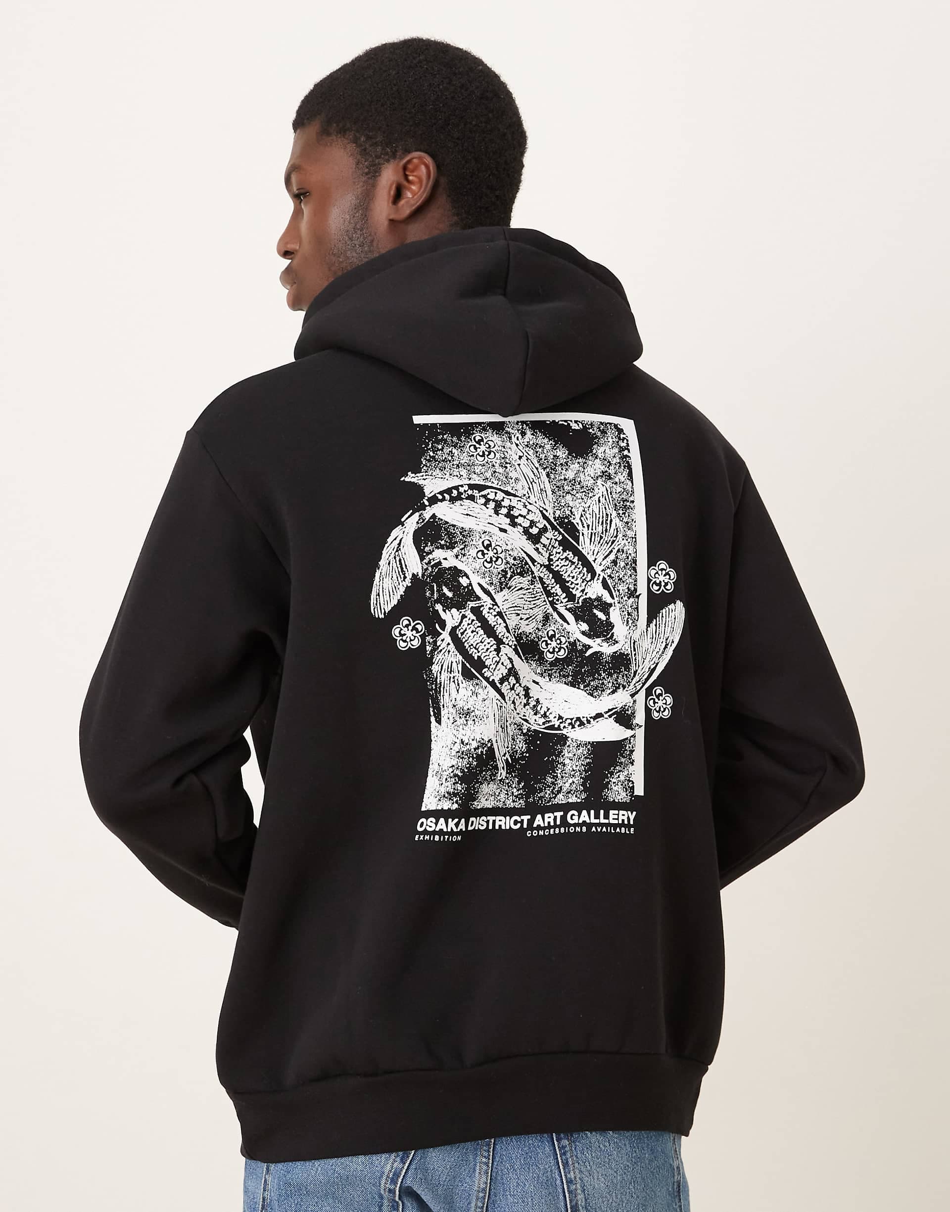 Selected oversized hoodie with koy fish graphic backprint in black