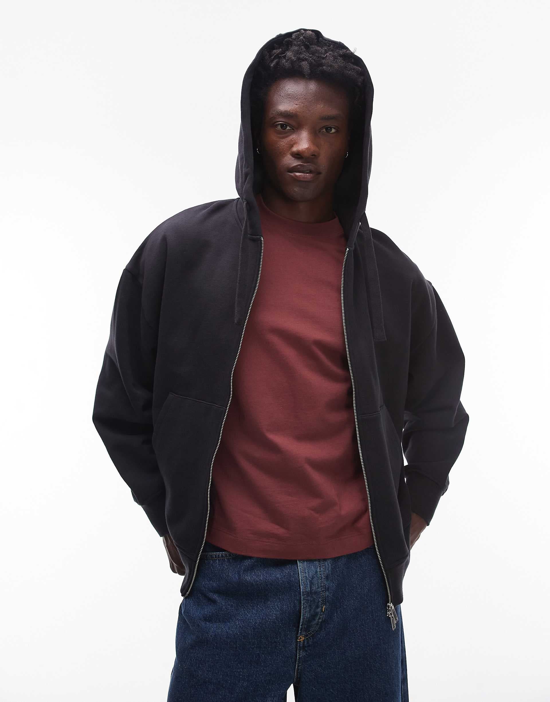 Topman heavyweight oversized fit zip up hoodie in black