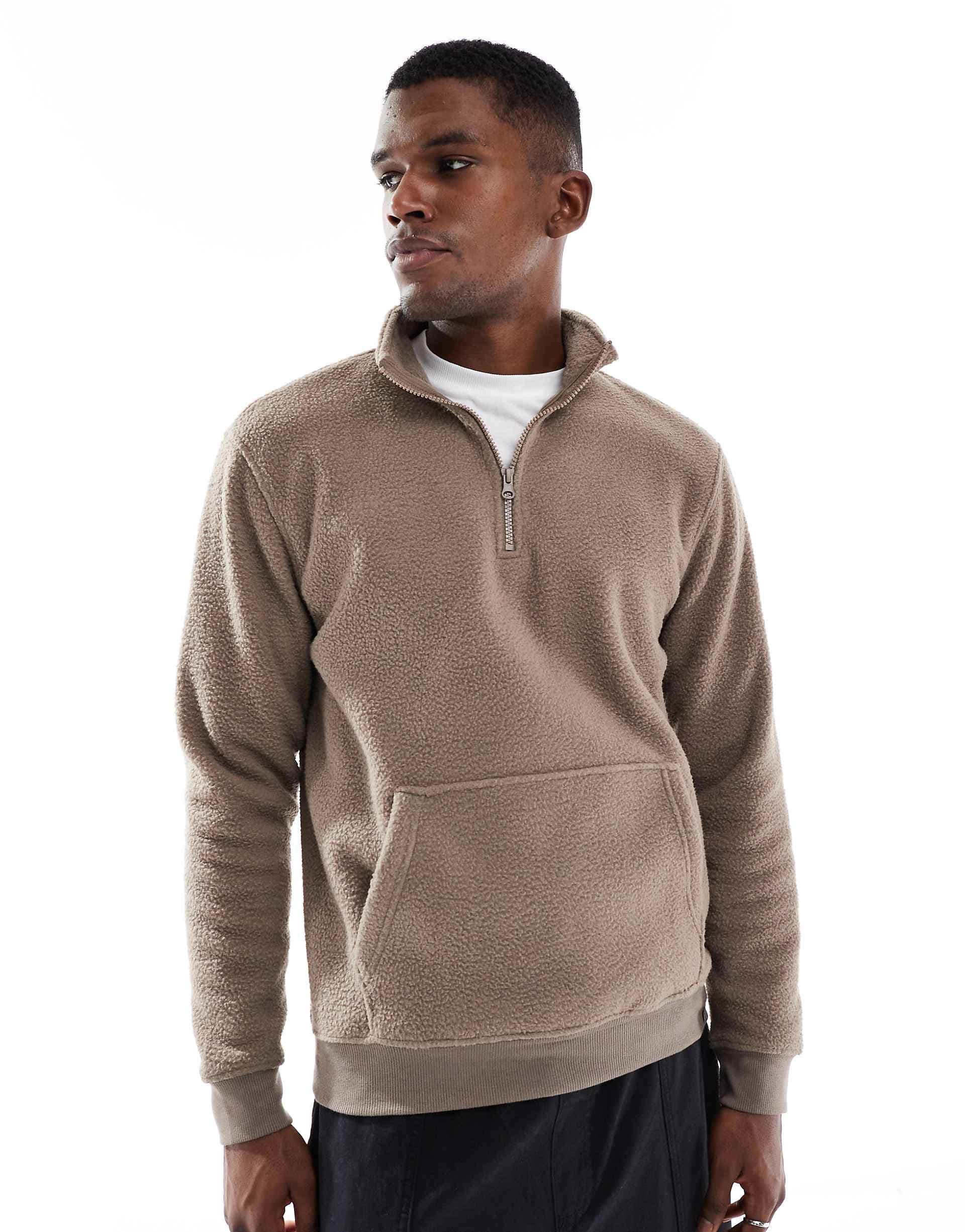 ONLY & SONS quarter zip fleece in light brown